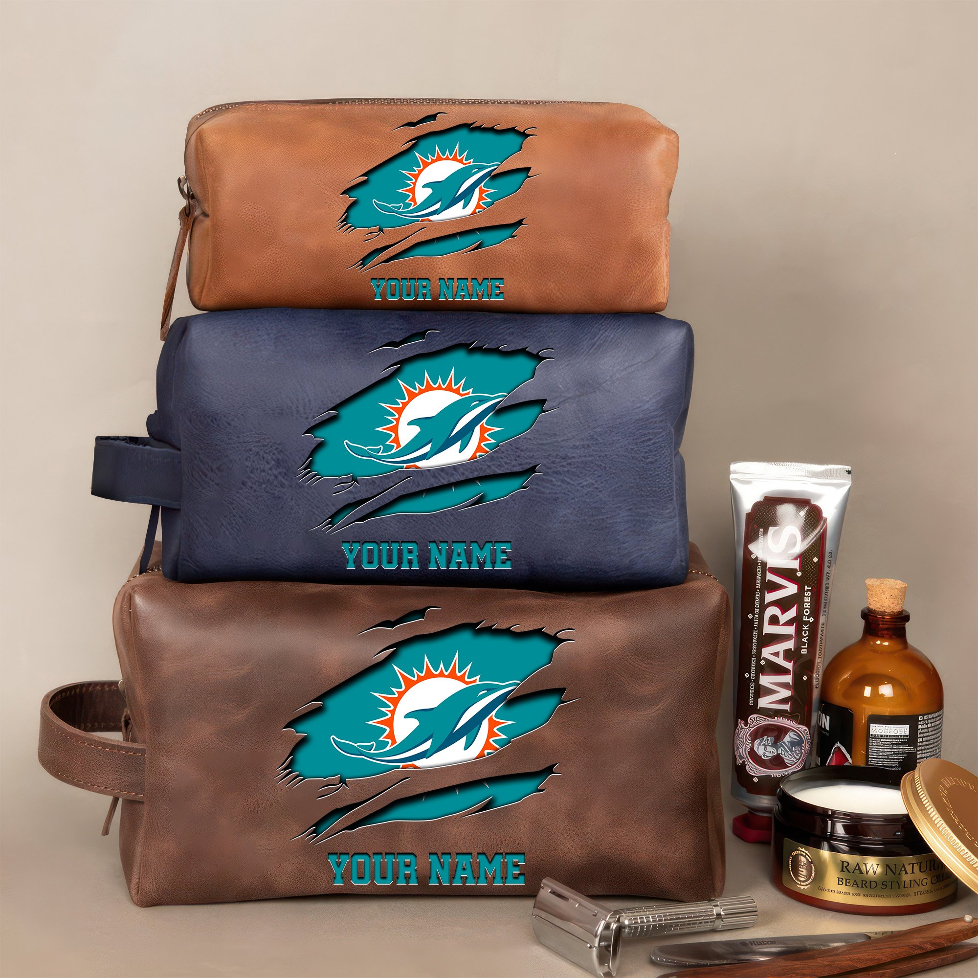 Miami Dolphins Leather Toiletry Bag For Men Custom Your Name 2024 Versions, 2D In Leather Dopp Kit Bag, Football Fan Gifts EHIVM-59100