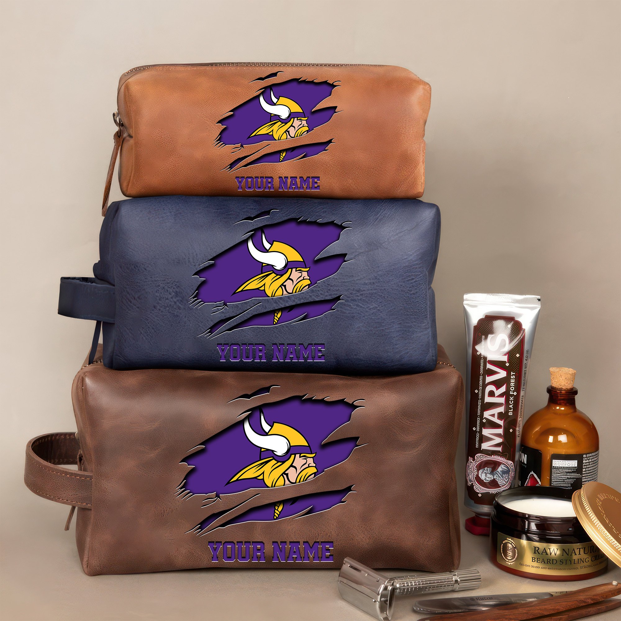 Minnesota Vikings Leather Toiletry Bag For Men Custom Your Name 2024 Versions, 2D In Leather Dopp Kit Bag, Football Fan Gifts EHIVM-59100