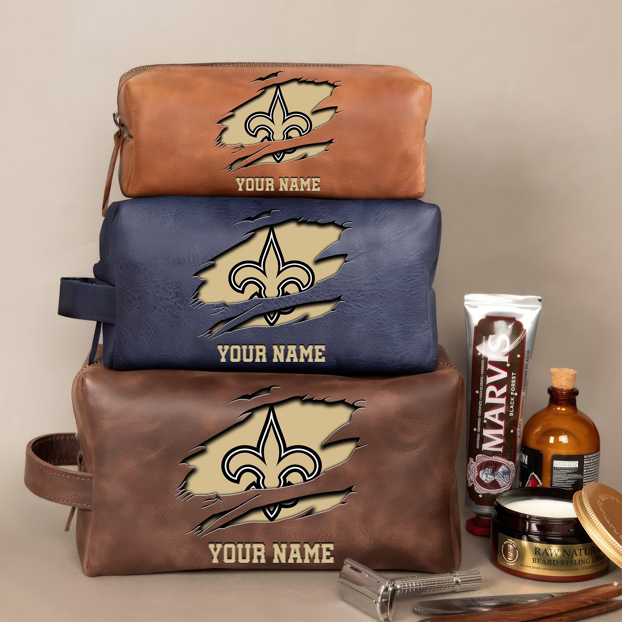 New Orleans Saints Leather Toiletry Bag For Men Custom Your Name 2024 Versions, 2D In Leather Dopp Kit Bag, Football Fan Gifts EHIVM-59100