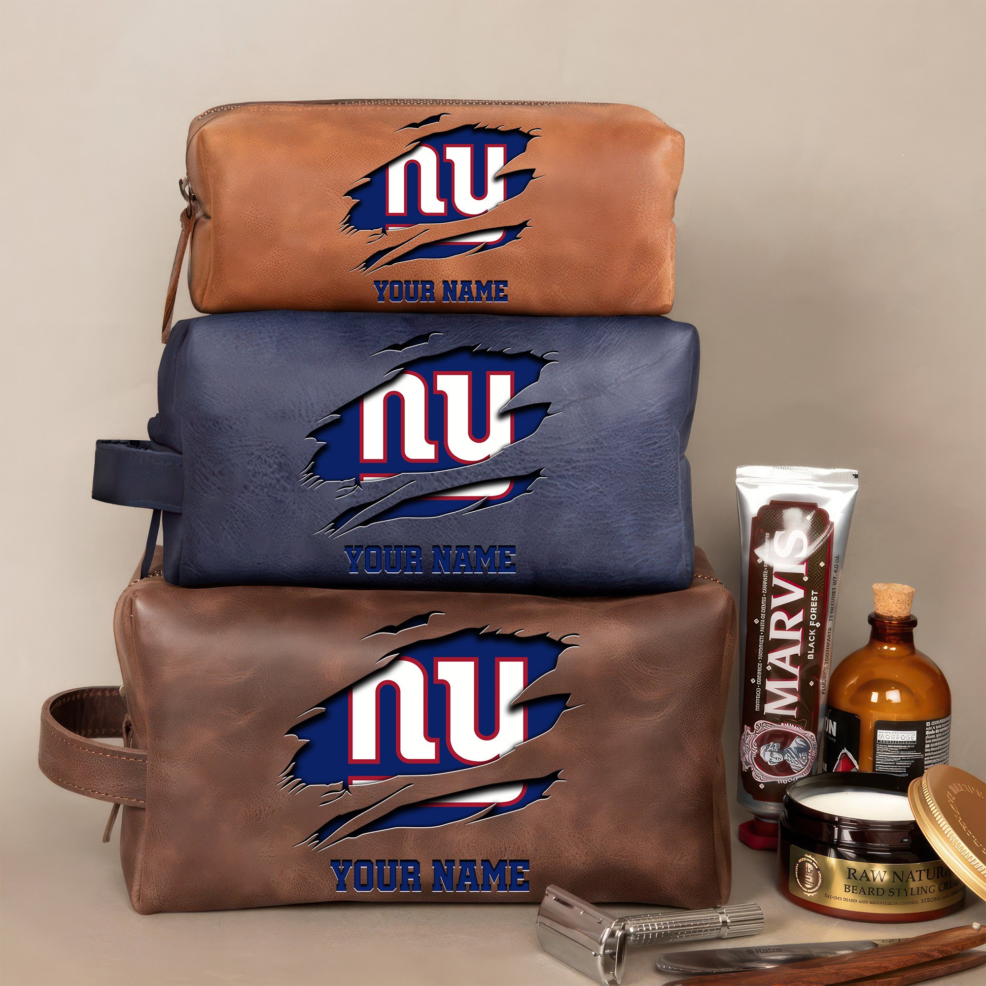 New York Giants Leather Toiletry Bag For Men Custom Your Name 2024 Versions, 2D In Leather Dopp Kit Bag, Football Fan Gifts EHIVM-59100