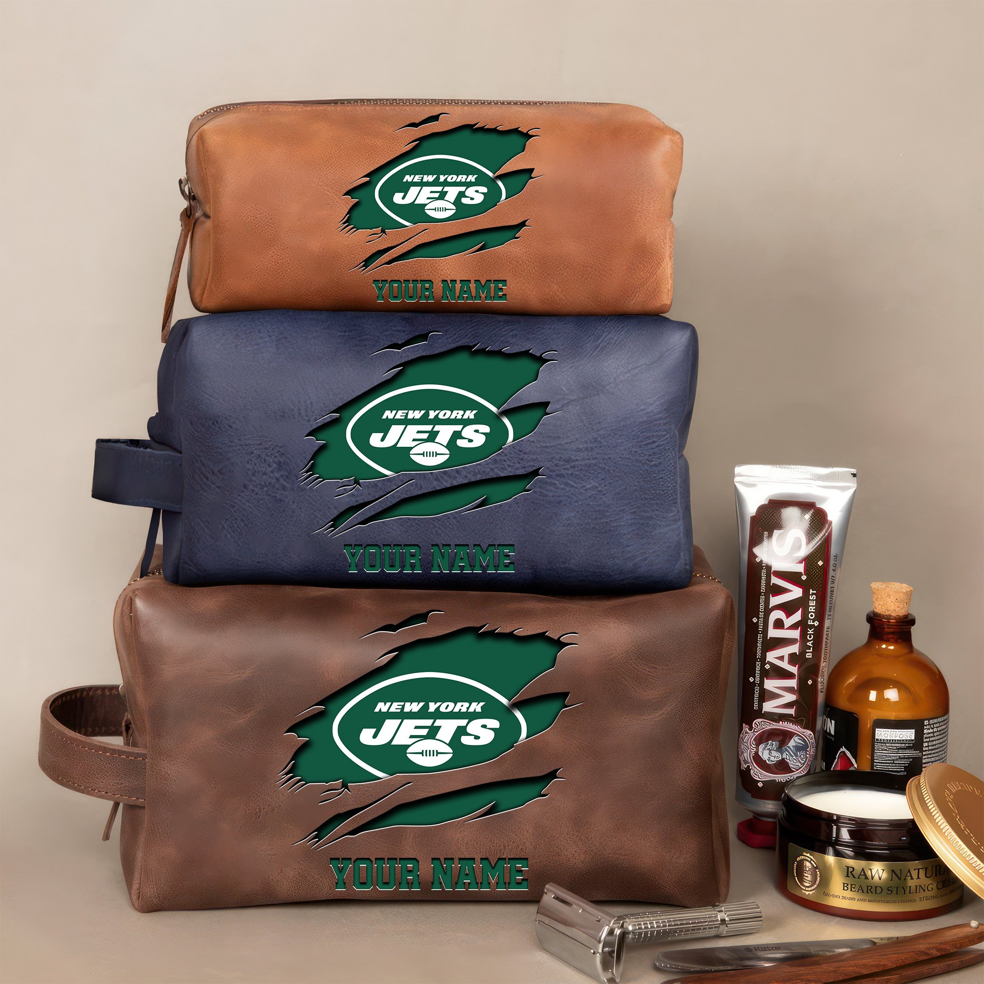 New York Jets Leather Toiletry Bag For Men Custom Your Name 2024 Versions, 2D In Leather Dopp Kit Bag, Football Fan Gifts EHIVM-59100