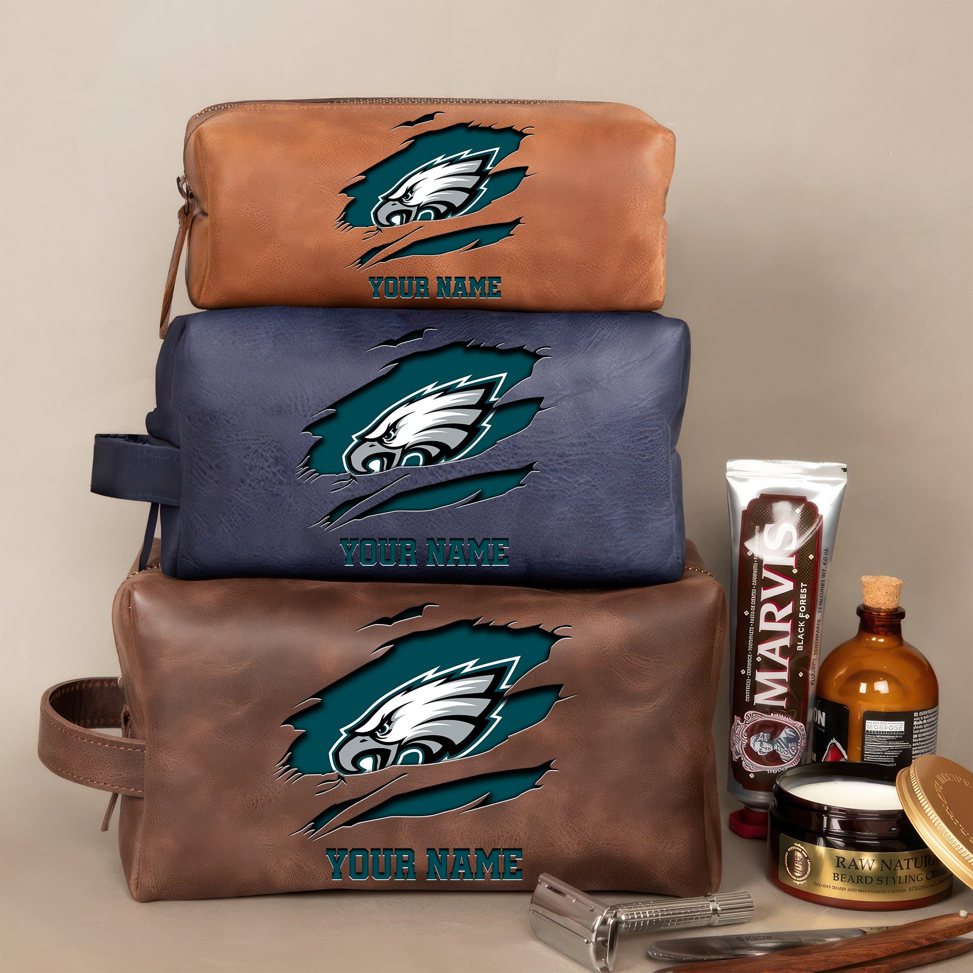 Philadelphia Eagles Leather Toiletry Bag For Men Custom Your Name 2024 Versions, 2D In Leather Dopp Kit Bag, Football Fan Gifts EHIVM-59100