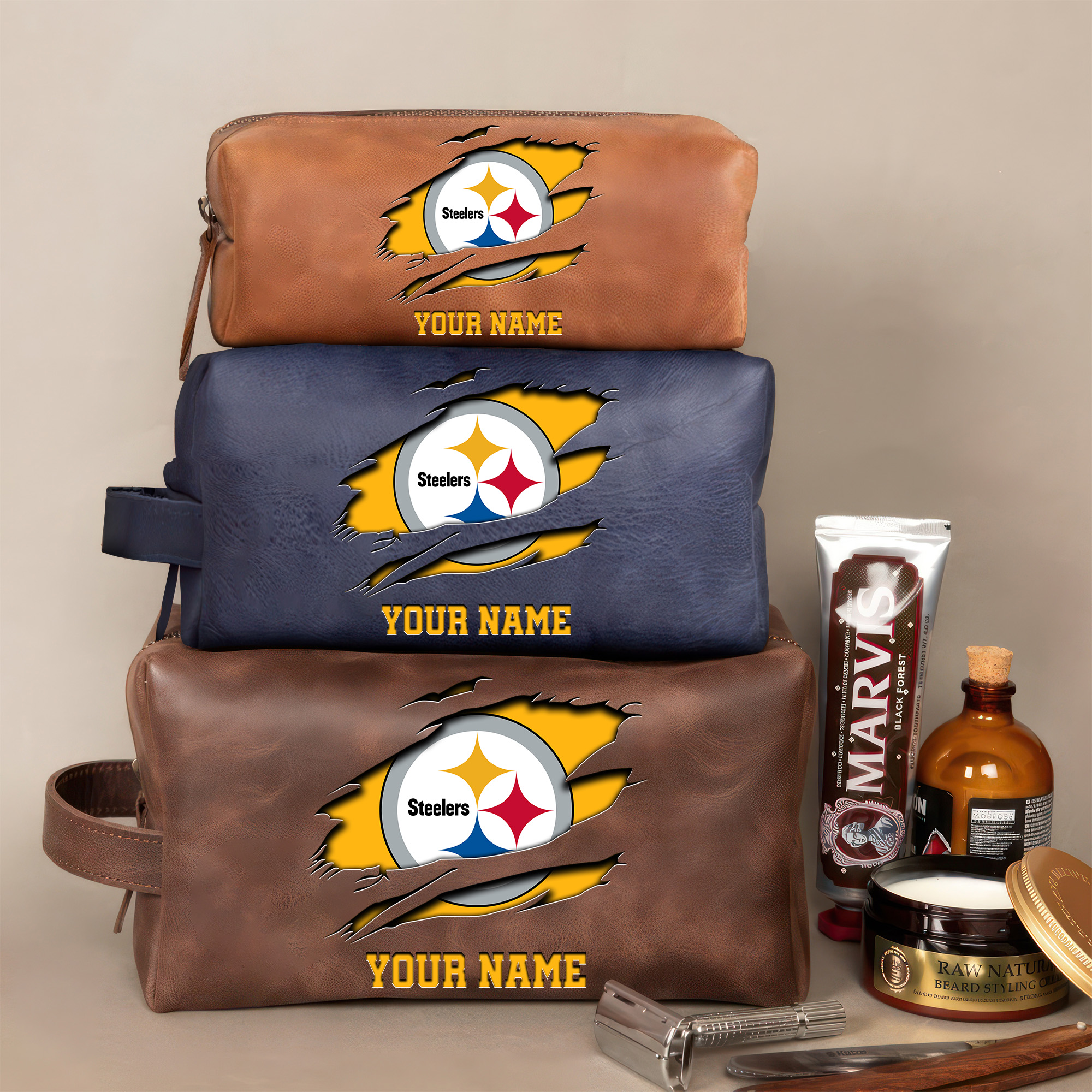 Pittsburgh Steelers Leather Toiletry Bag For Men Custom Your Name 2024 Versions, 2D In Leather Dopp Kit Bag, Football Fan Gifts EHIVM-59100