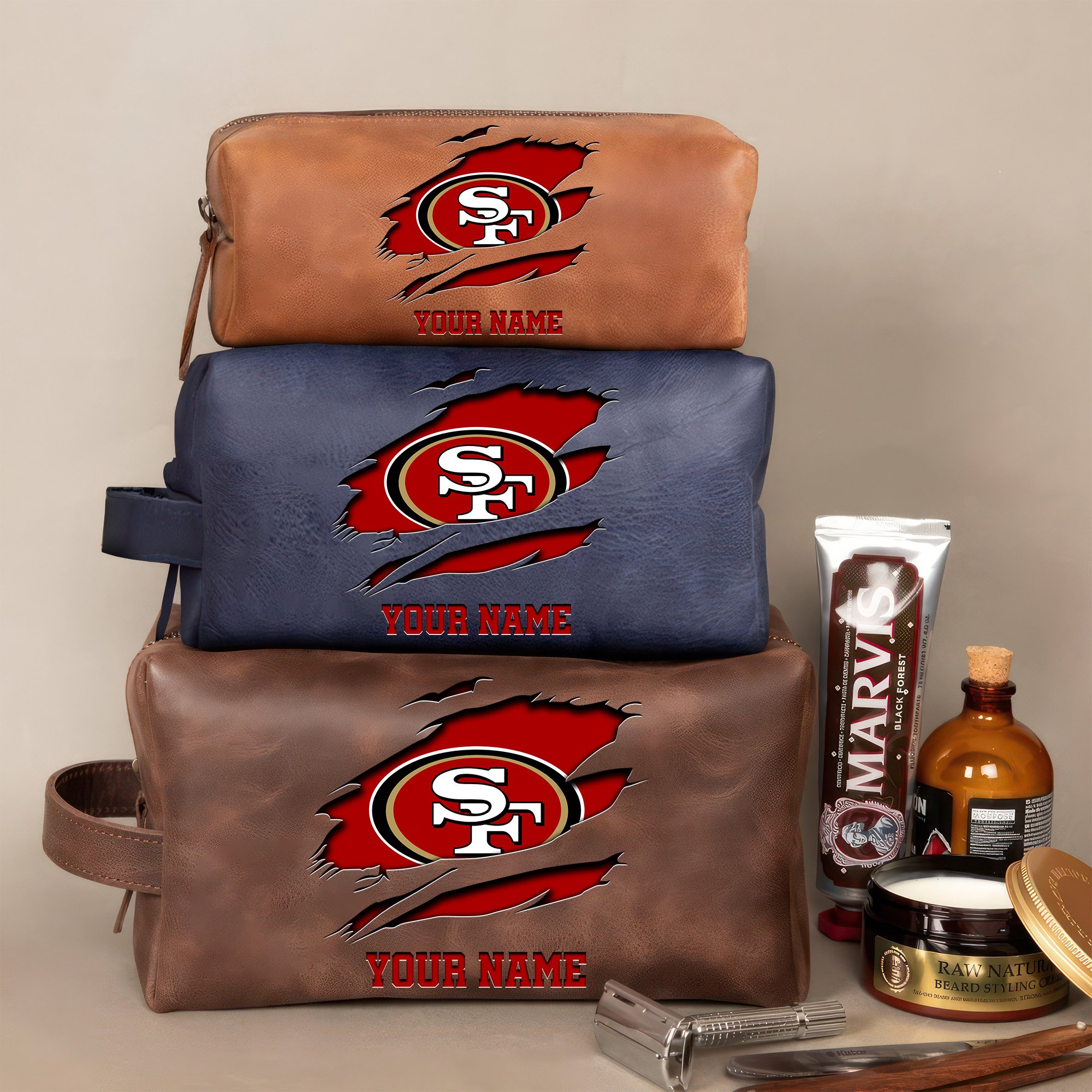 San Francisco 49ers Leather Toiletry Bag For Men Custom Your Name 2024 Versions, 2D In Leather Dopp Kit Bag, Football Fan Gifts EHIVM-59100