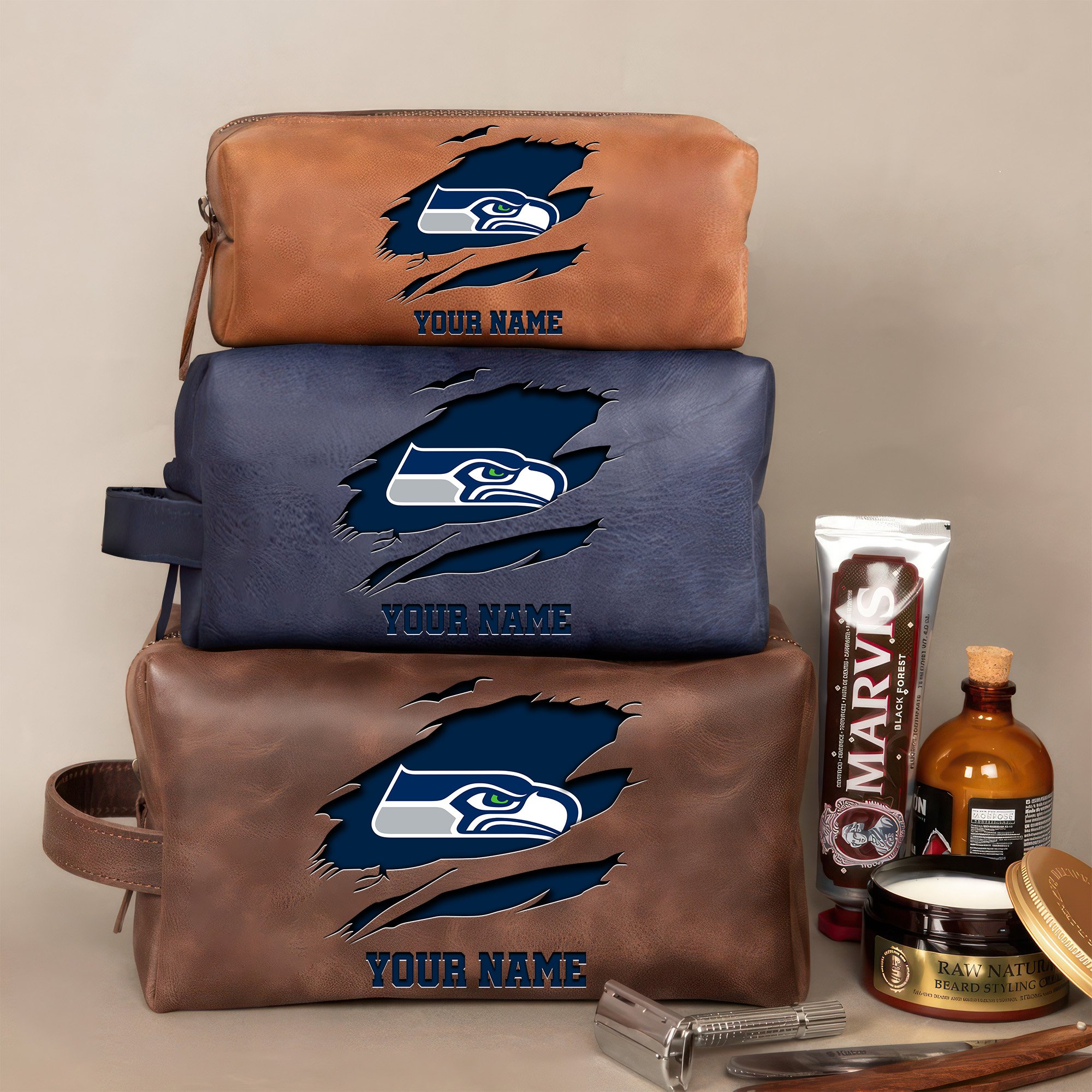 Seattle Seahawks Leather Toiletry Bag For Men Custom Your Name 2024 Versions, 2D In Leather Dopp Kit Bag, Football Fan Gifts EHIVM-59100