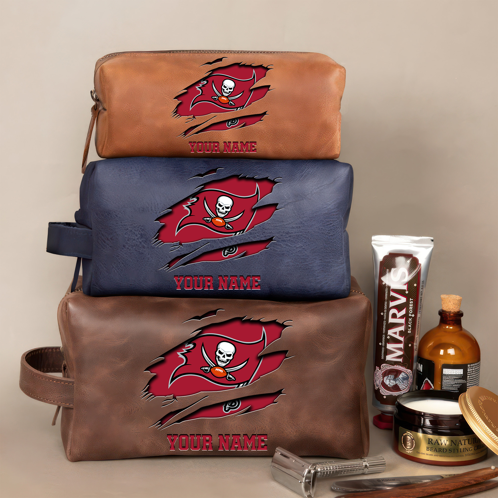 Tampa Bay Buccaneers Leather Toiletry Bag For Men Custom Your Name 2024 Versions, 2D In Leather Dopp Kit Bag, Football Fan Gifts EHIVM-59100