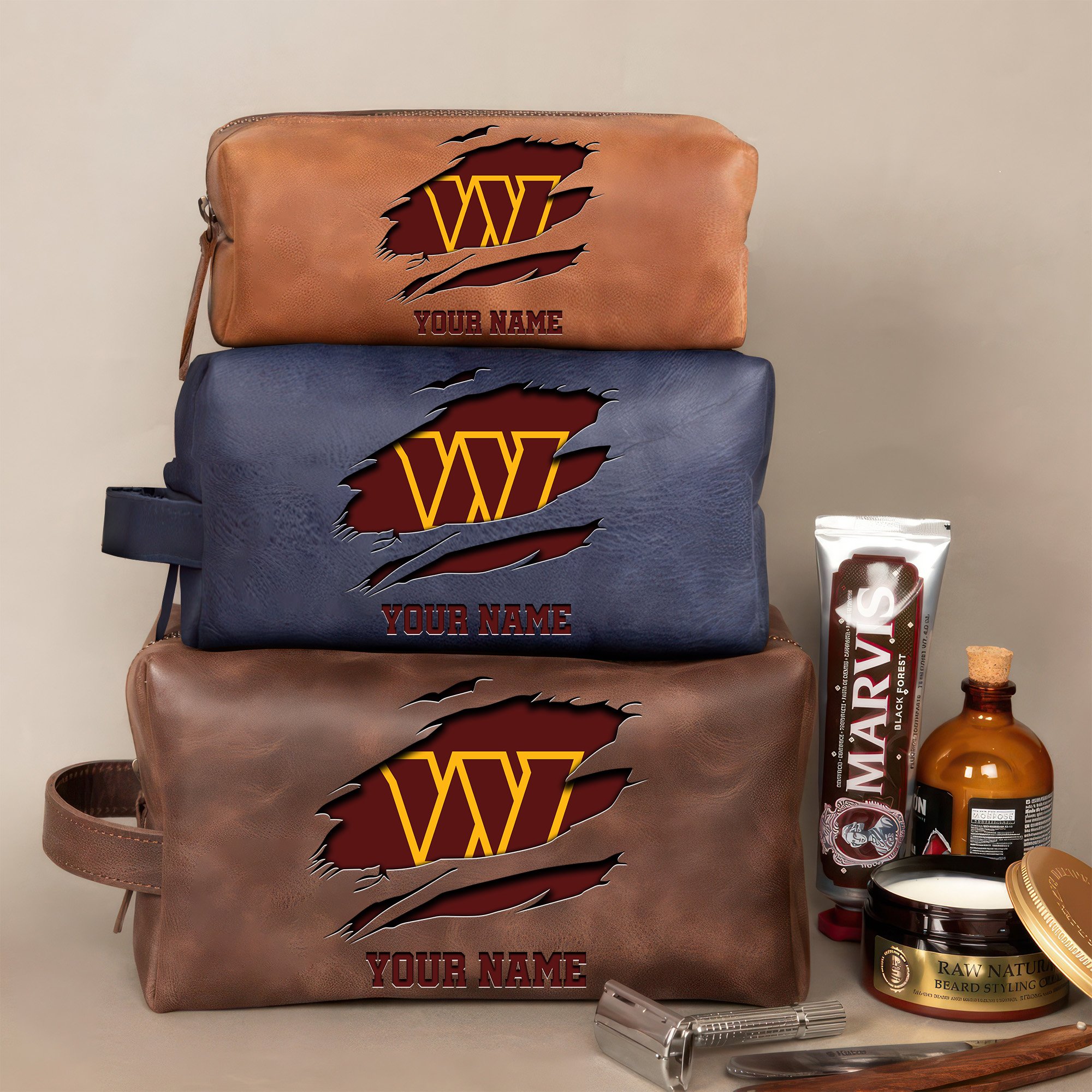 Washington Commanders Leather Toiletry Bag For Men Custom Your Name 2024 Versions, 2D In Leather Dopp Kit Bag, Football Fan Gifts EHIVM-59100