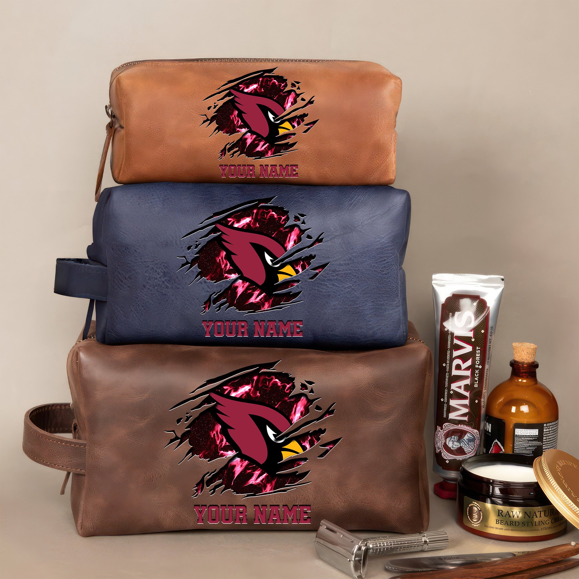 Arizona Cardinals Leather Toiletry Bag For Men Custom Your Name 2024 Versions, 2D In Leather Dopp Kit Bag, Football Fan Gifts EHIVM-59103