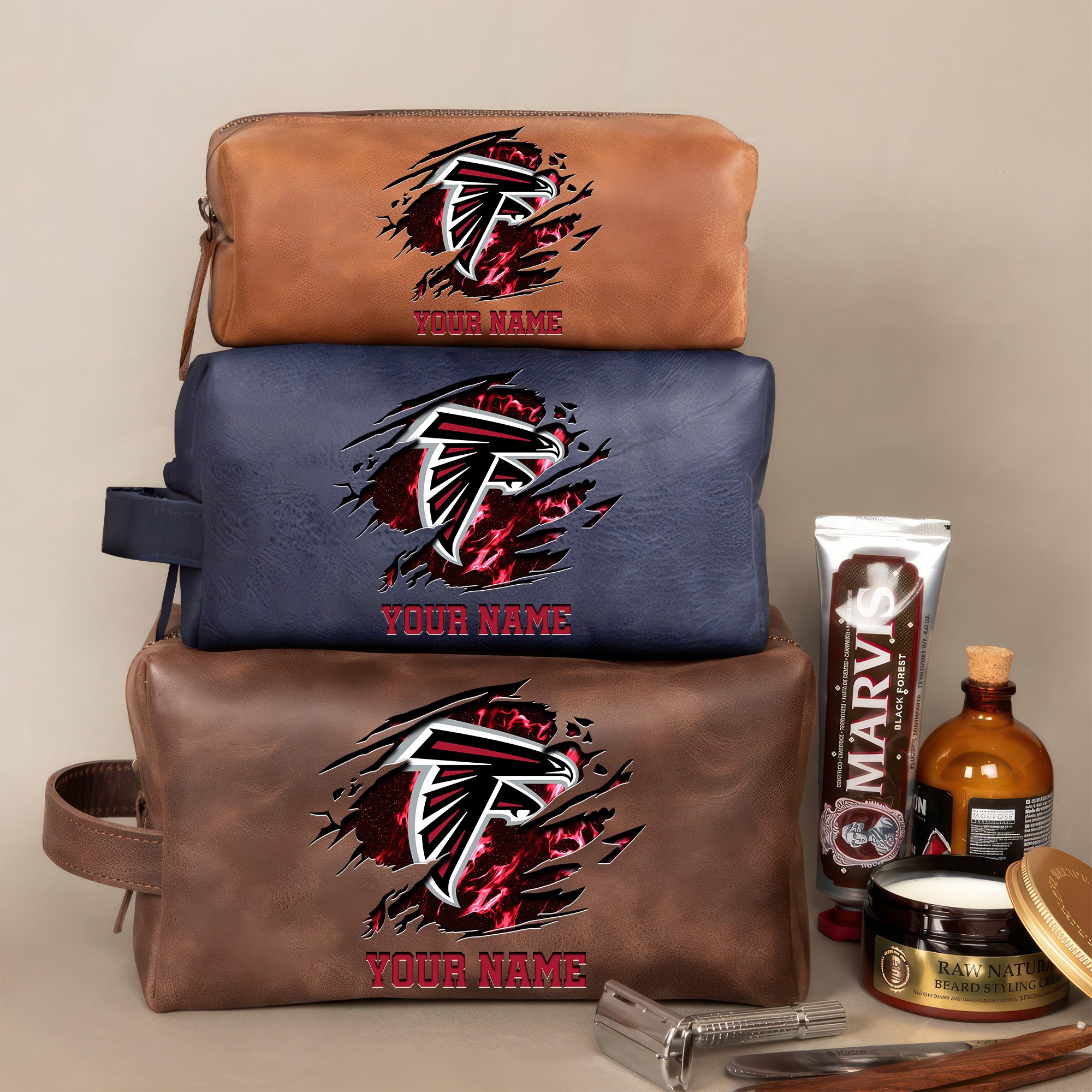 Atlanta Falcons Leather Toiletry Bag For Men Custom Your Name 2024 Versions, 2D In Leather Dopp Kit Bag, Football Fan Gifts EHIVM-59103