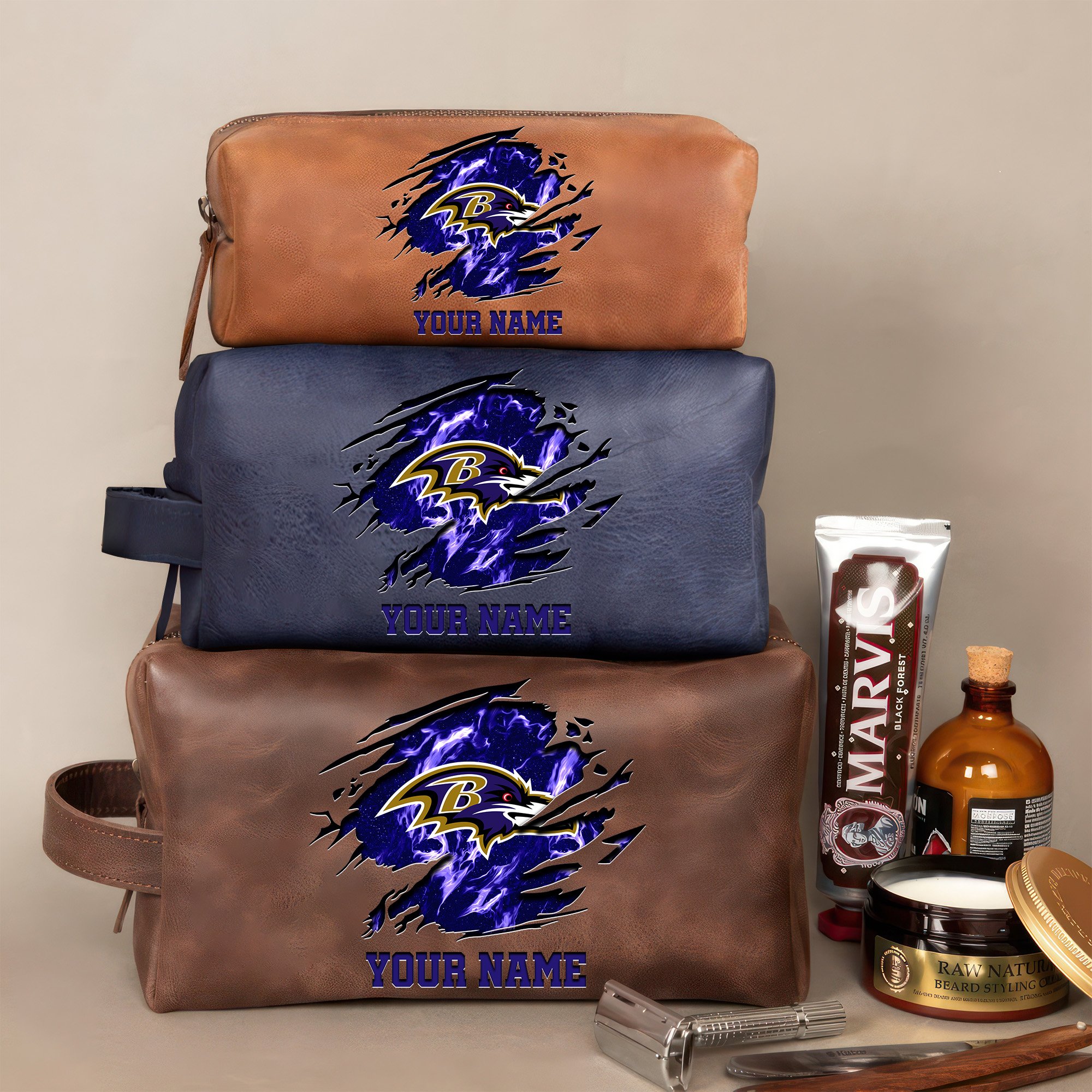 Baltimore Ravens Leather Toiletry Bag For Men Custom Your Name 2024 Versions, 2D In Leather Dopp Kit Bag, Football Fan Gifts EHIVM-59103