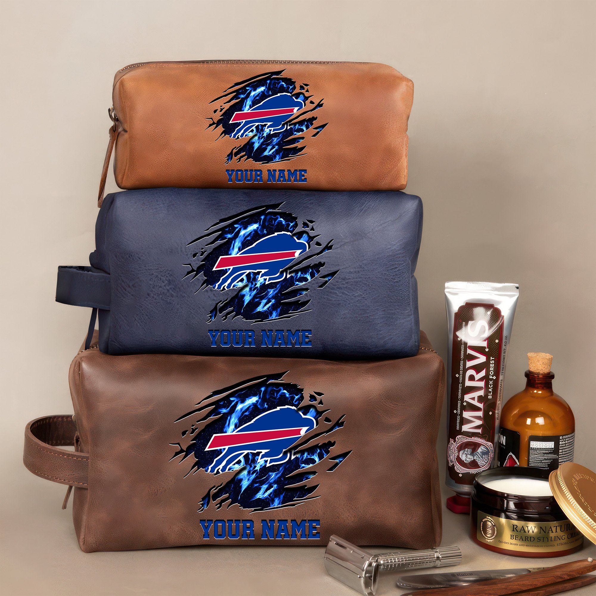 Buffalo Bills Leather Toiletry Bag For Men Custom Your Name 2024 Versions, 2D In Leather Dopp Kit Bag, Football Fan Gifts EHIVM-59103