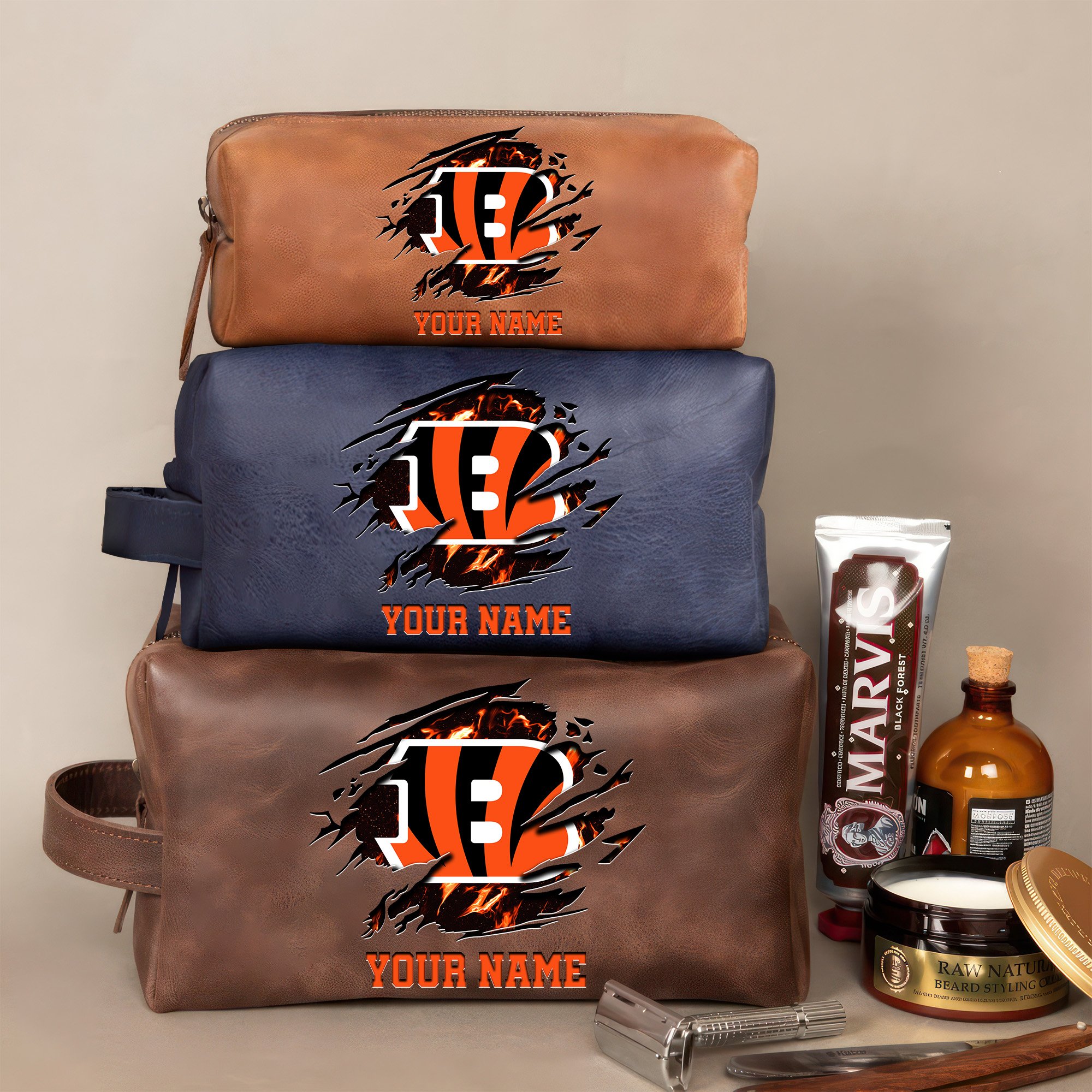 Cincinnati Bengals Leather Toiletry Bag For Men Custom Your Name 2024 Versions, 2D In Leather Dopp Kit Bag, Football Fan Gifts EHIVM-59103