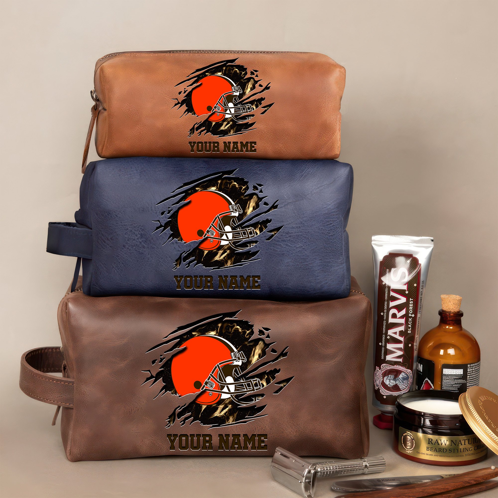 Cleveland Browns Leather Toiletry Bag For Men Custom Your Name 2024 Versions, 2D In Leather Dopp Kit Bag, Football Fan Gifts EHIVM-59103