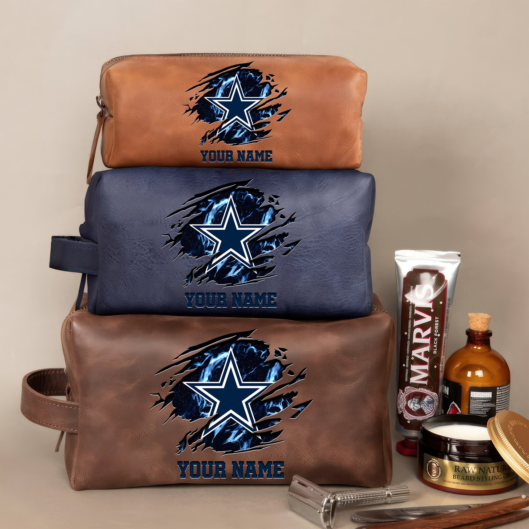 Dallas Cowboys Leather Toiletry Bag For Men Custom Your Name 2024 Versions, 2D In Leather Dopp Kit Bag, Football Fan Gifts EHIVM-59103