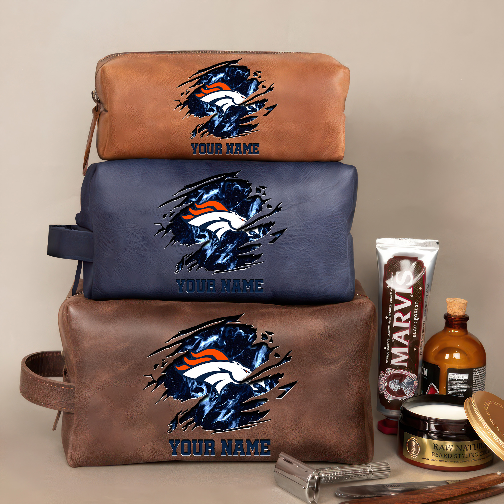 Denver Broncos Leather Toiletry Bag For Men Custom Your Name 2024 Versions, 2D In Leather Dopp Kit Bag, Football Fan Gifts EHIVM-59103