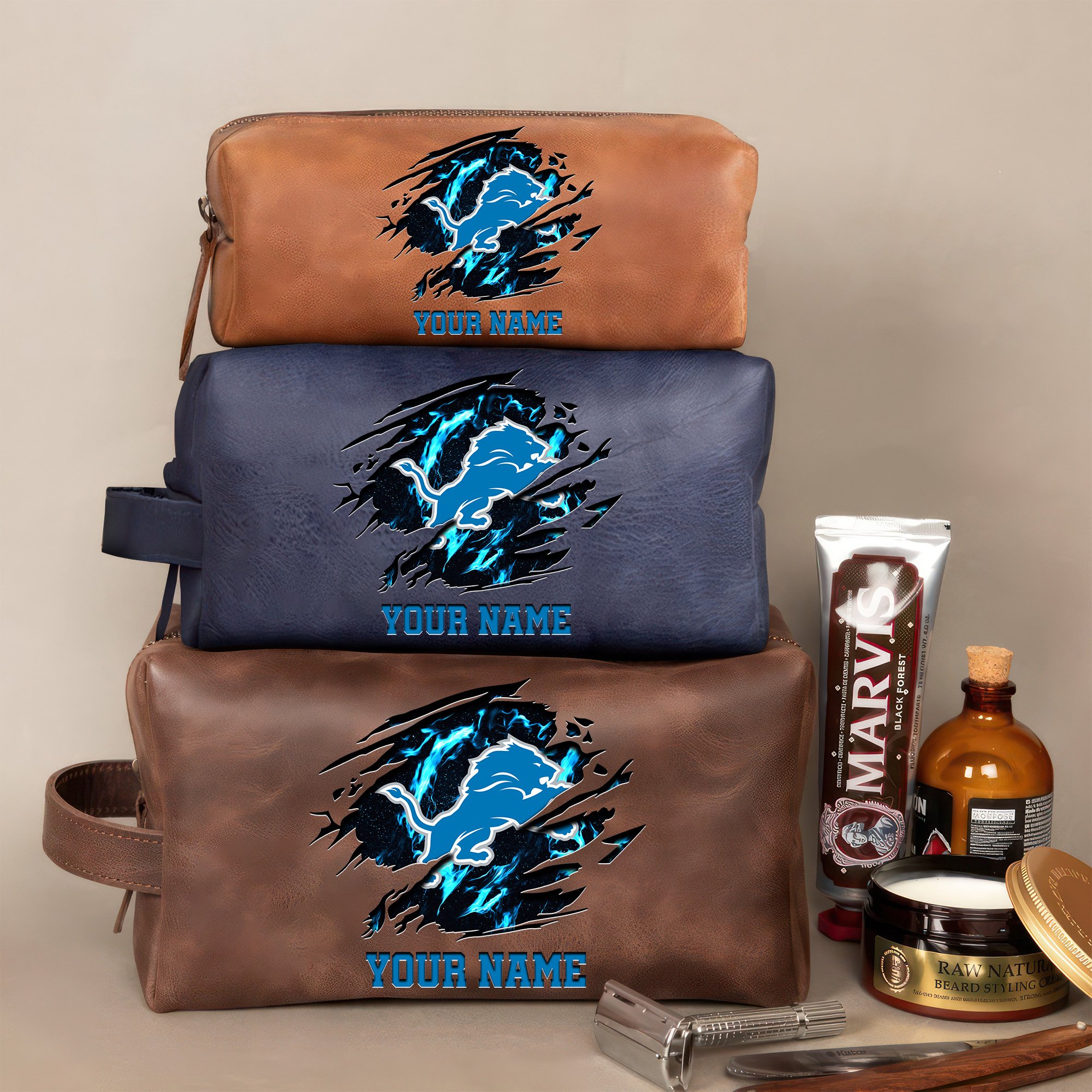 Detroit Lions Leather Toiletry Bag For Men Custom Your Name 2024 Versions, 2D In Leather Dopp Kit Bag, Football Fan Gifts EHIVM-59103