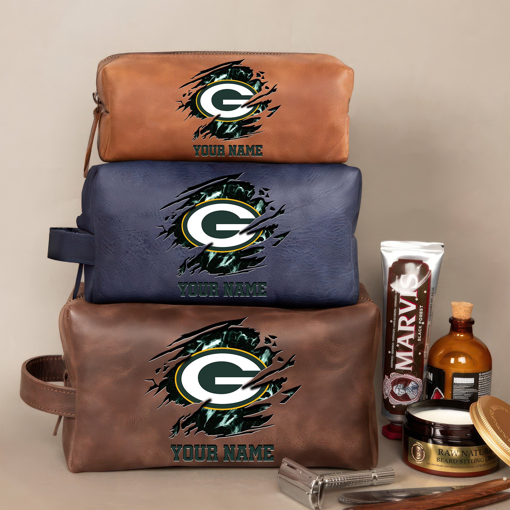 Green Bay Packers Leather Toiletry Bag For Men Custom Your Name 2024 Versions, 2D In Leather Dopp Kit Bag, Football Fan Gifts EHIVM-59103