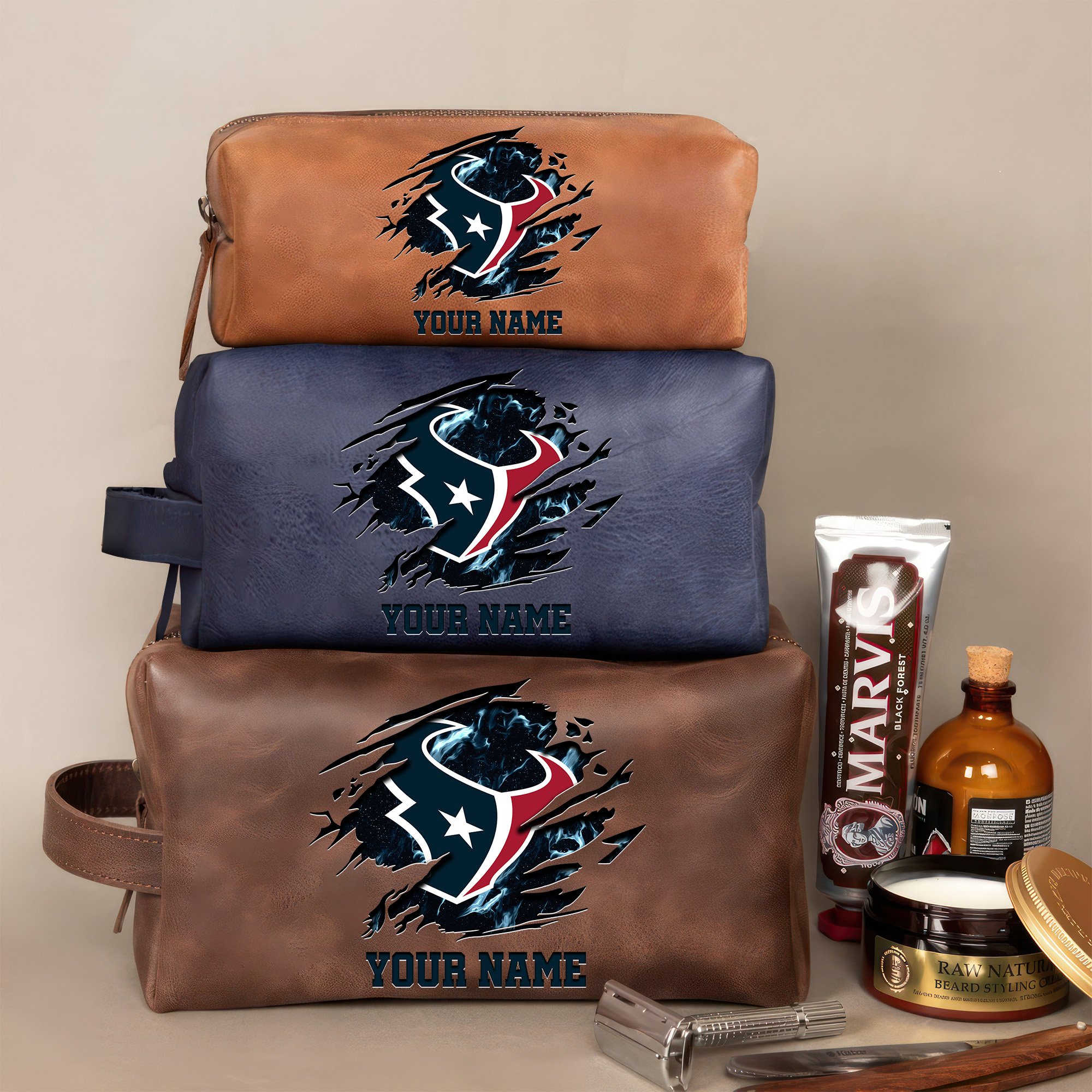 Houston Texans Leather Toiletry Bag For Men Custom Your Name 2024 Versions, 2D In Leather Dopp Kit Bag, Football Fan Gifts EHIVM-59103