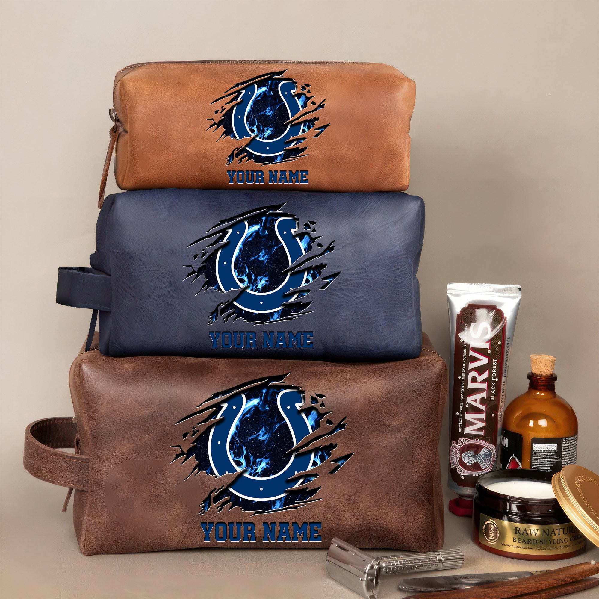 Indianapolis Colts Leather Toiletry Bag For Men Custom Your Name 2024 Versions, 2D In Leather Dopp Kit Bag, Football Fan Gifts EHIVM-59103