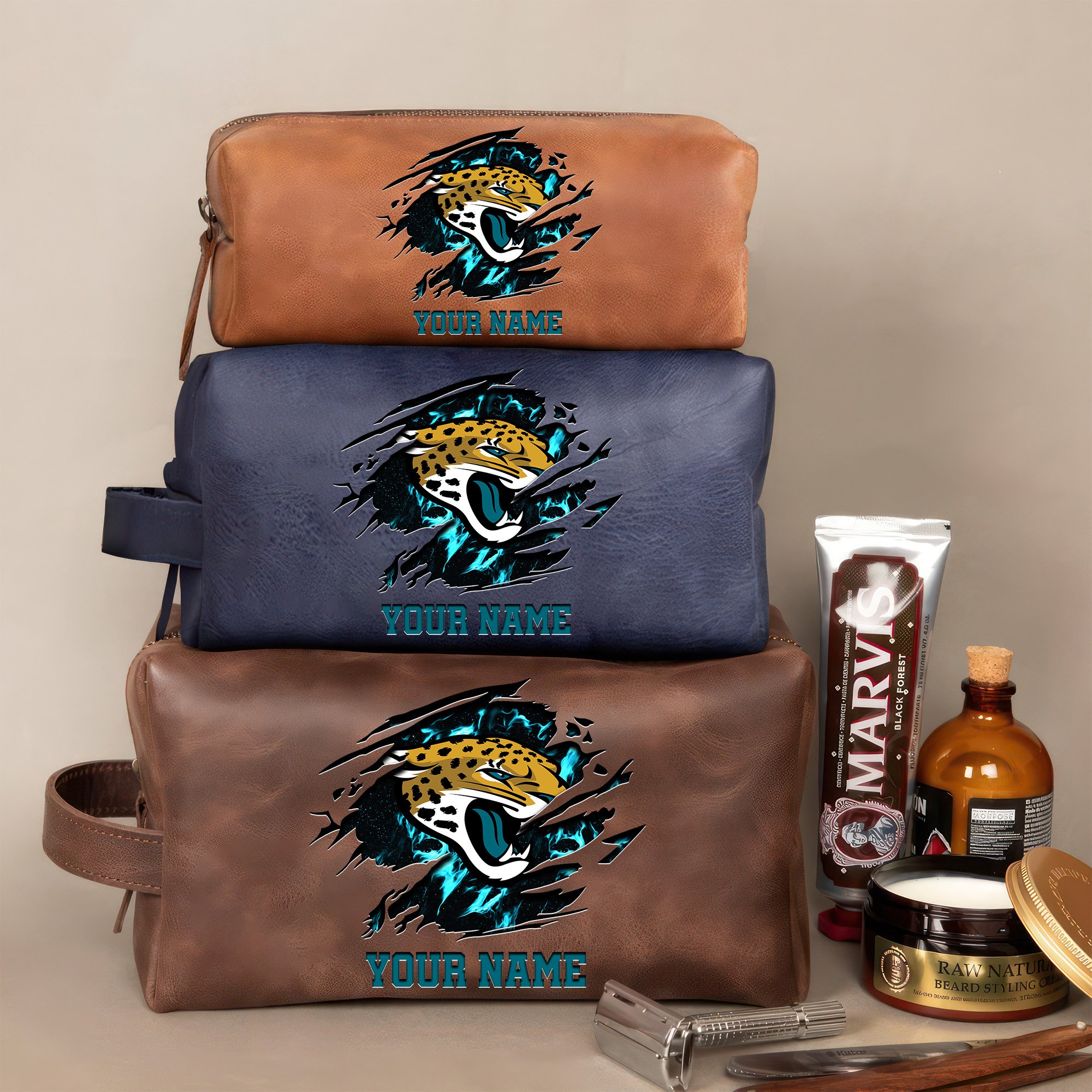 Jacksonville Jaguars Leather Toiletry Bag For Men Custom Your Name 2024 Versions, 2D In Leather Dopp Kit Bag, Football Fan Gifts EHIVM-59103