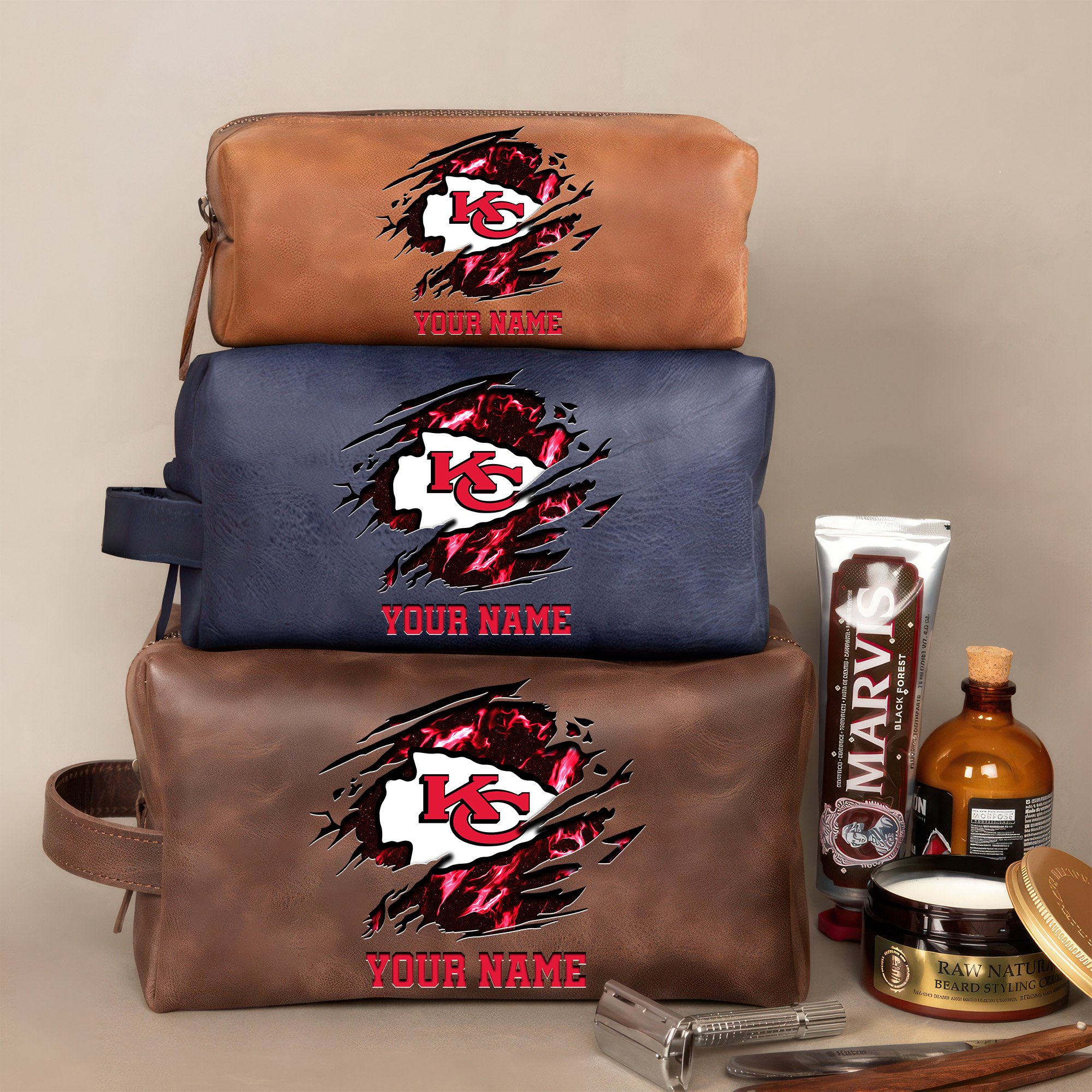 Kansas City Chiefs Leather Toiletry Bag For Men Custom Your Name 2024 Versions, 2D In Leather Dopp Kit Bag, Football Fan Gifts EHIVM-59103