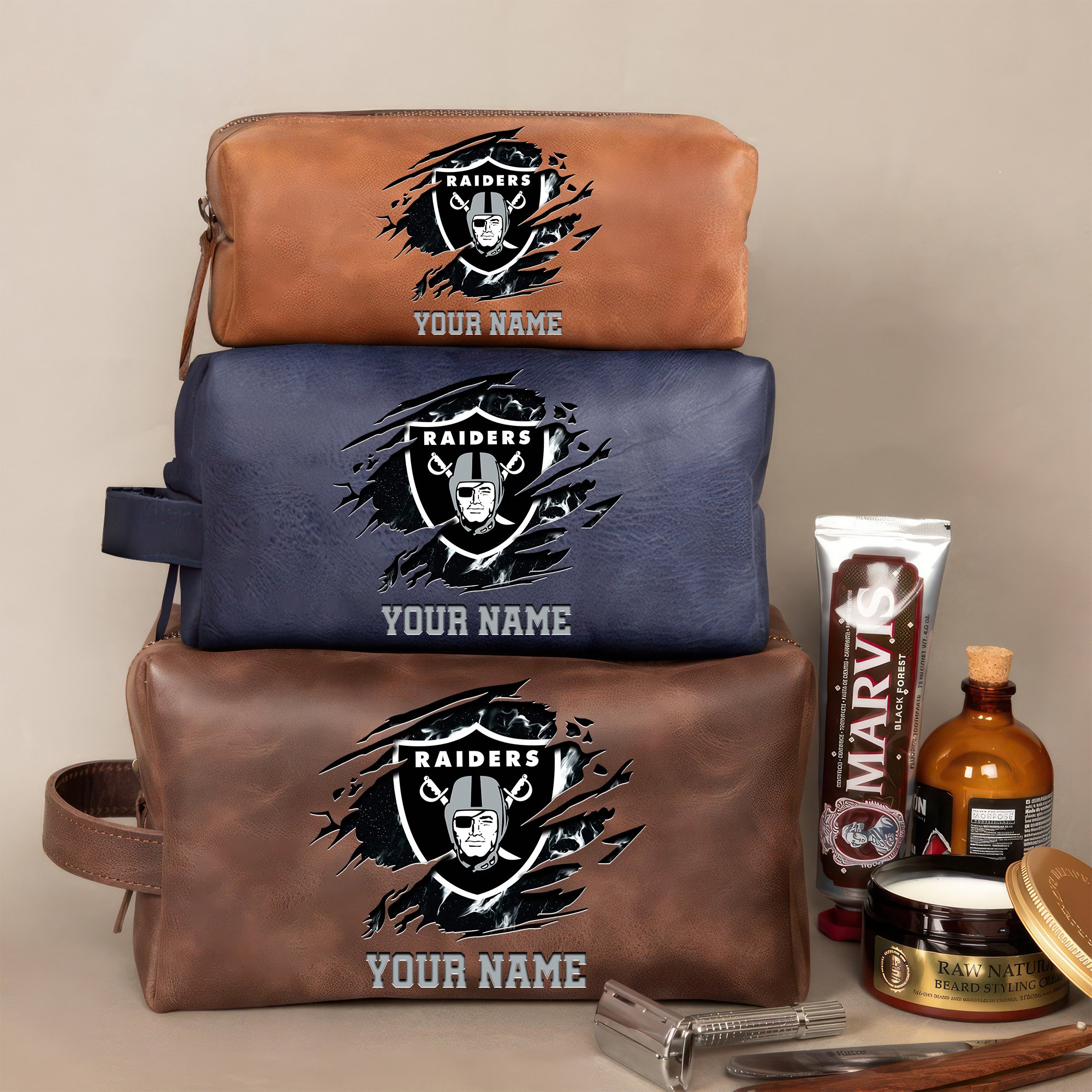 Las Vegas Raiders Leather Toiletry Bag For Men Custom Your Name 2024 Versions, 2D In Leather Dopp Kit Bag, Football Fan Gifts EHIVM-59103