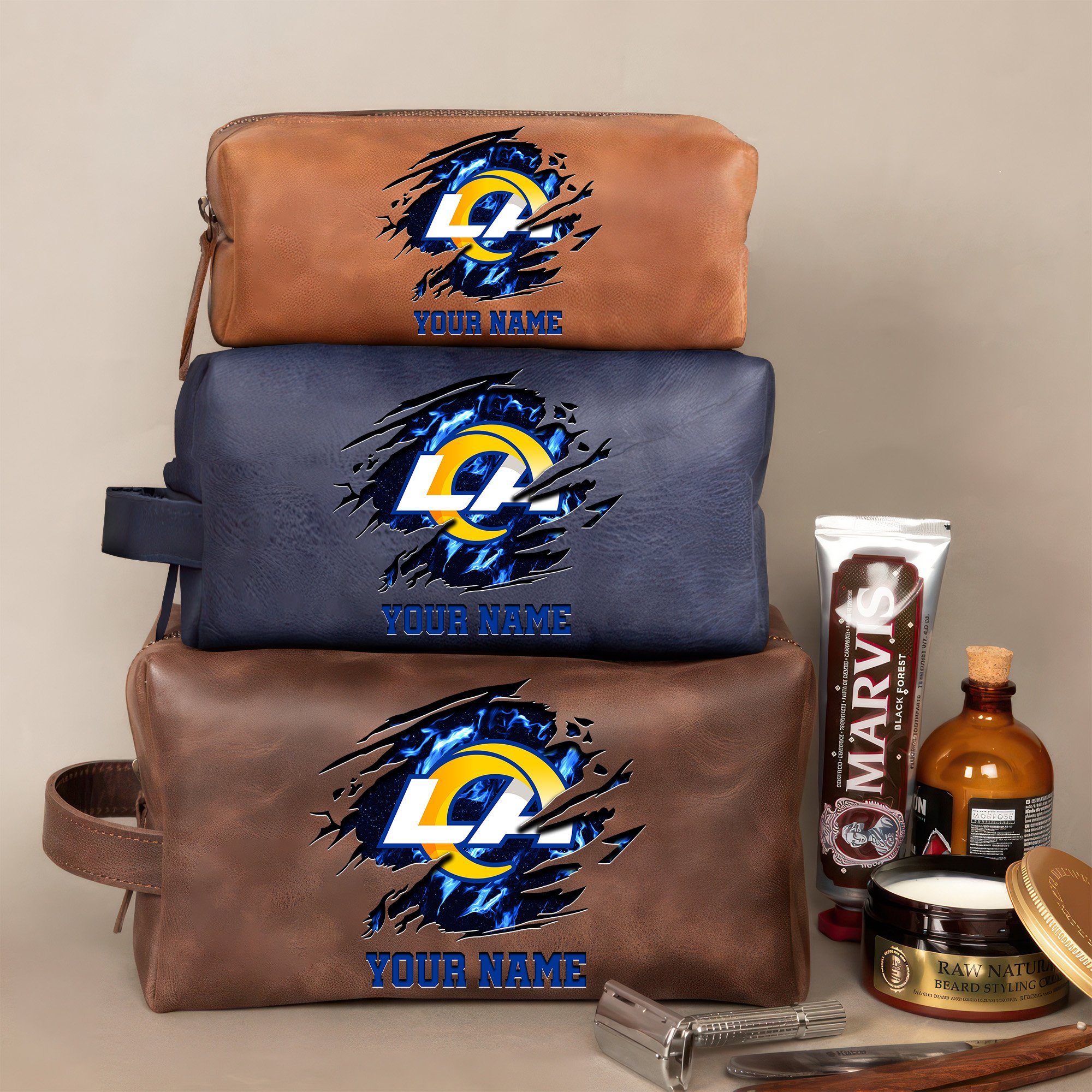 Los Angeles Rams Leather Toiletry Bag For Men Custom Your Name 2024 Versions, 2D In Leather Dopp Kit Bag, Football Fan Gifts EHIVM-59103