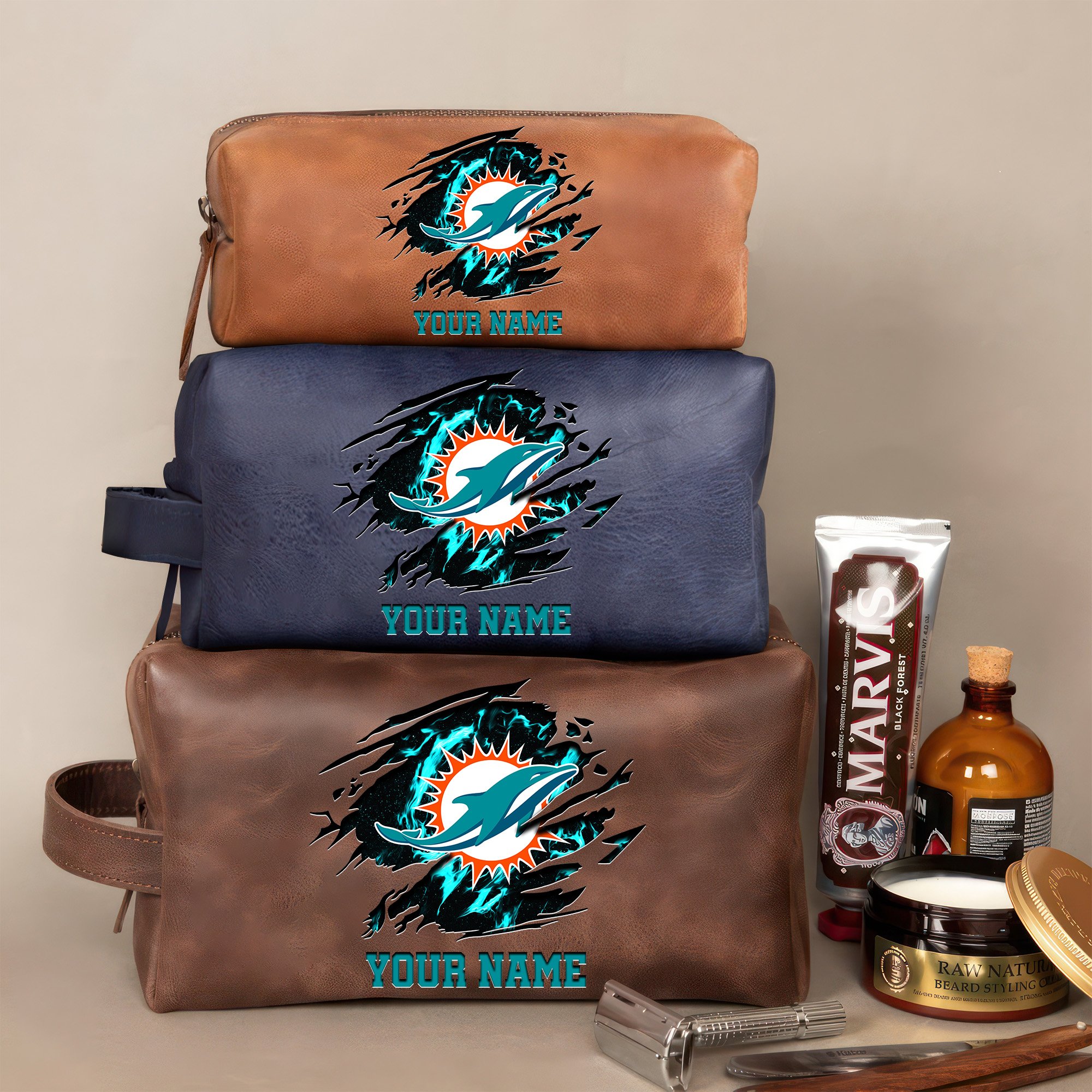 Miami Dolphins Leather Toiletry Bag For Men Custom Your Name 2024 Versions, 2D In Leather Dopp Kit Bag, Football Fan Gifts EHIVM-59103