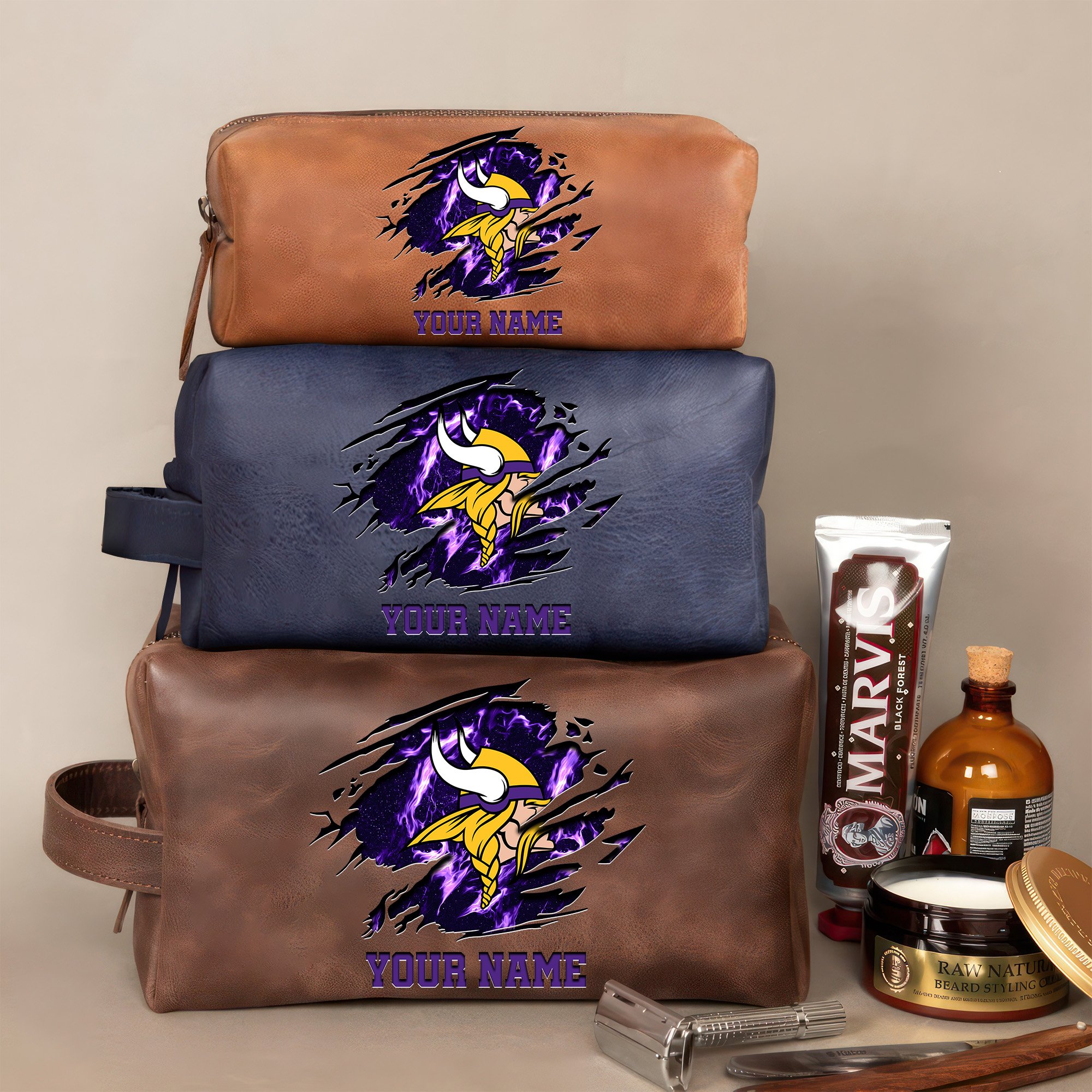 Minnesota Vikings Leather Toiletry Bag For Men Custom Your Name 2024 Versions, 2D In Leather Dopp Kit Bag, Football Fan Gifts EHIVM-59103