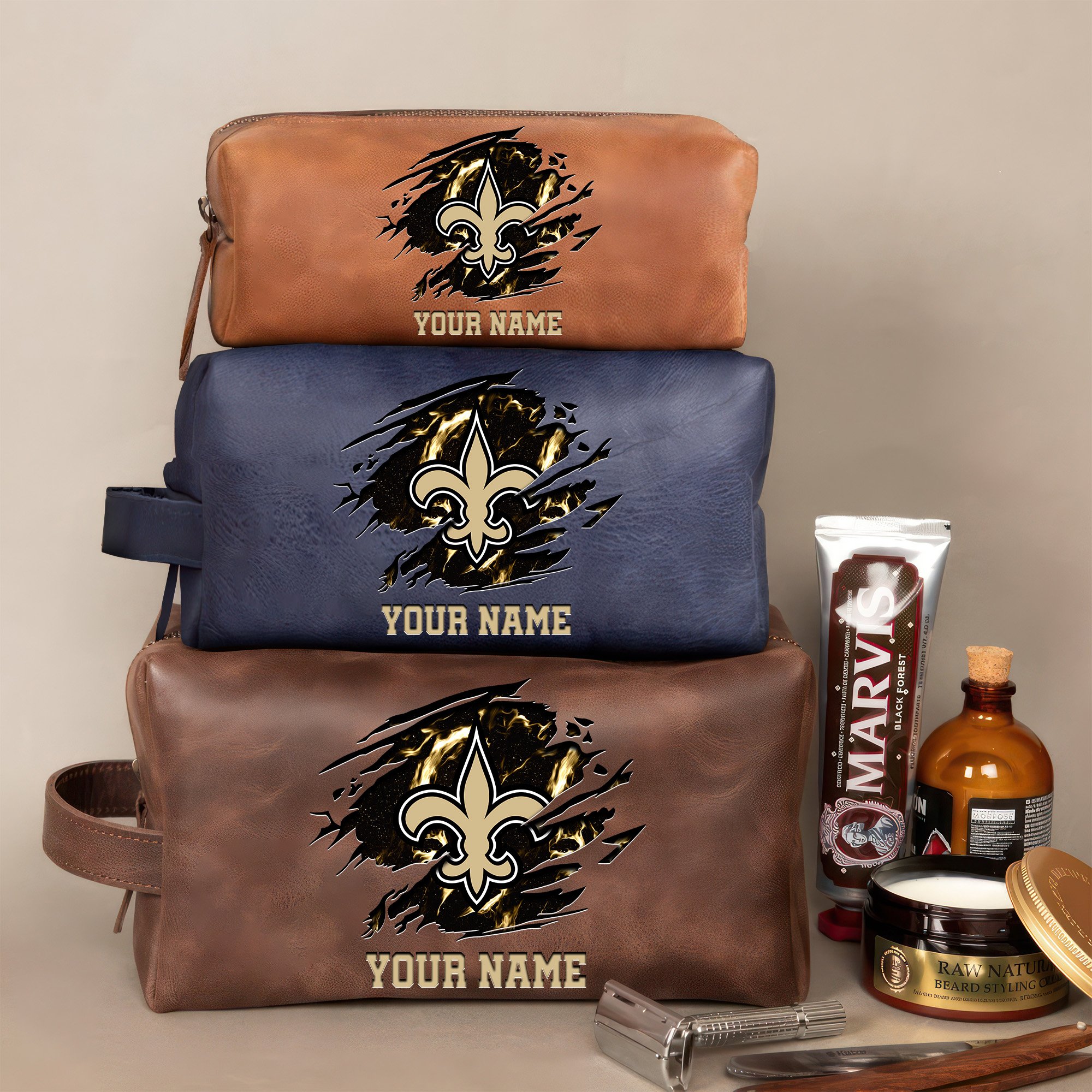 New Orleans Saints Leather Toiletry Bag For Men Custom Your Name 2024 Versions, 2D In Leather Dopp Kit Bag, Football Fan Gifts EHIVM-59103