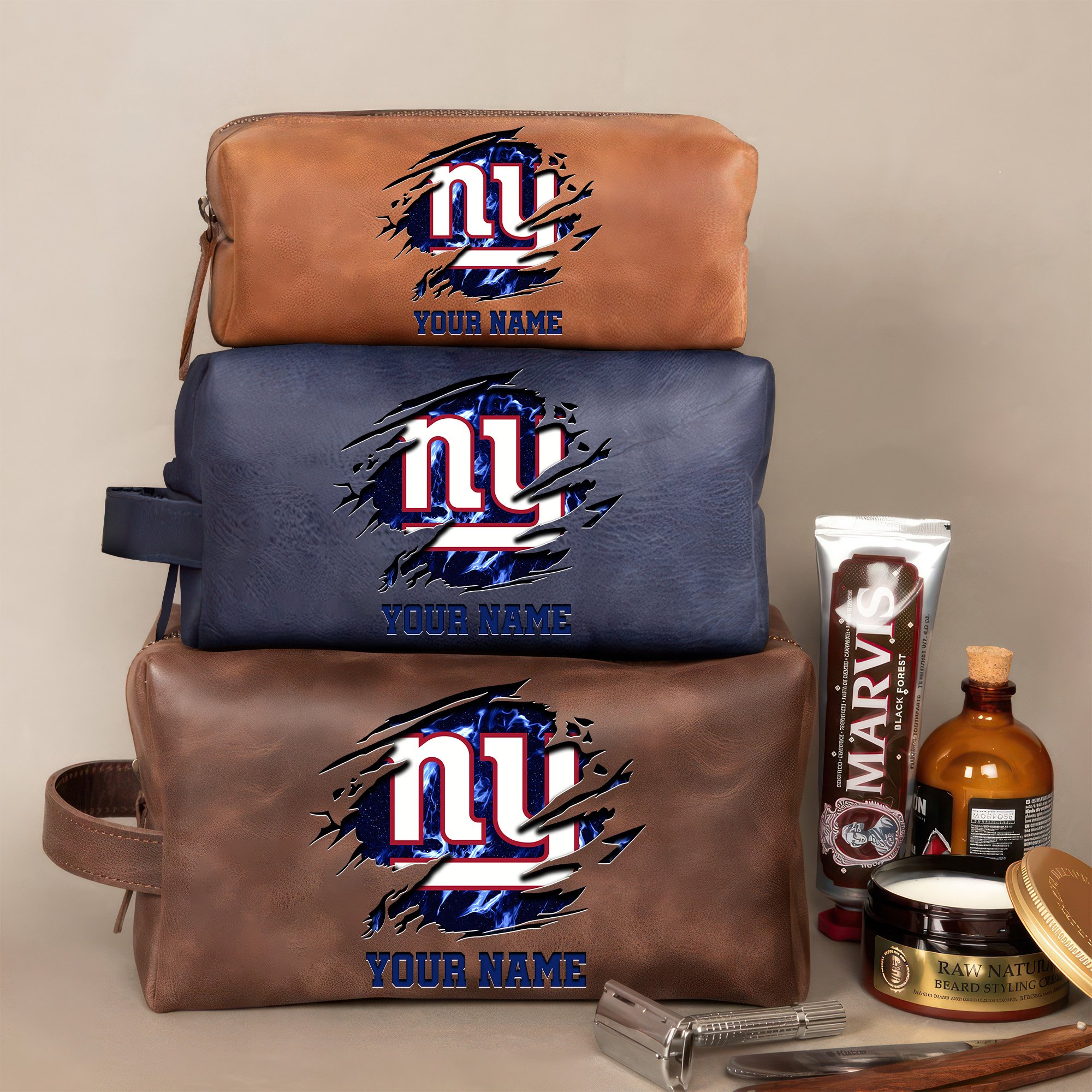 New York Giants Leather Toiletry Bag For Men Custom Your Name 2024 Versions, 2D In Leather Dopp Kit Bag, Football Fan Gifts EHIVM-59103