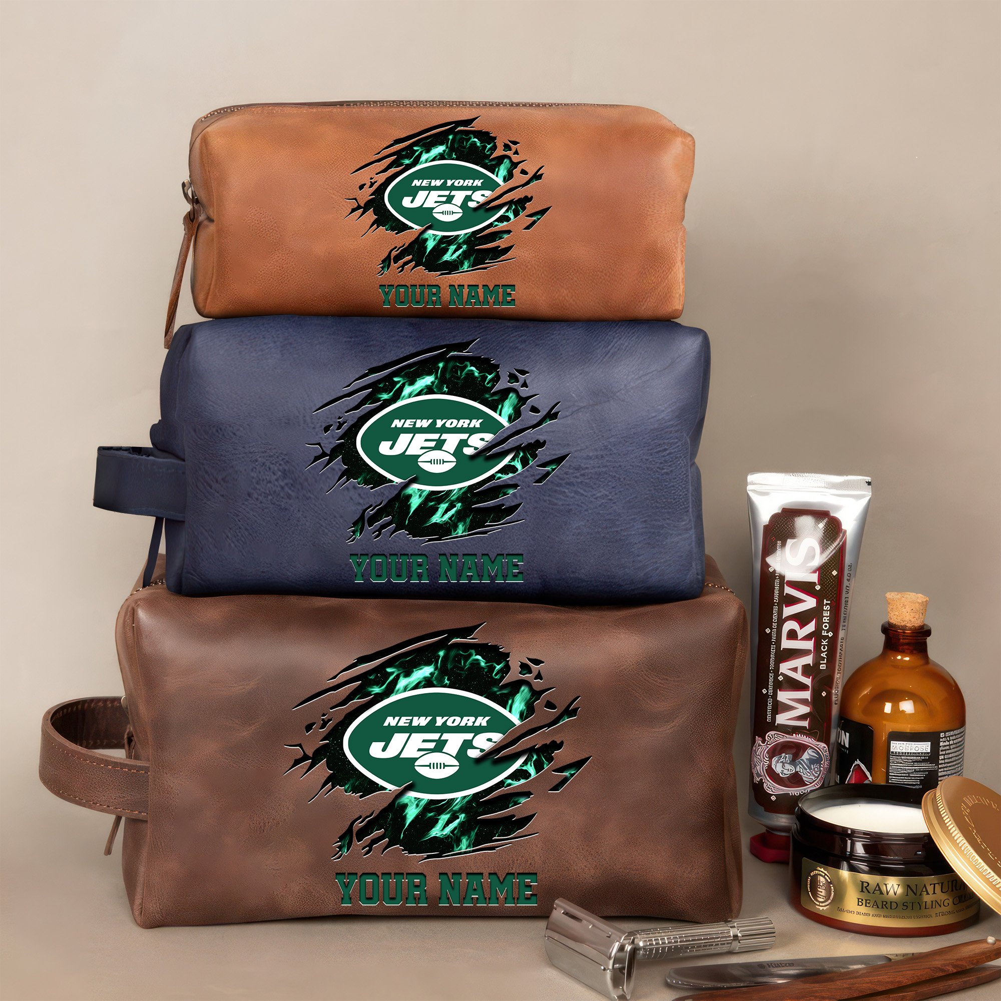 New York Jets Leather Toiletry Bag For Men Custom Your Name 2024 Versions, 2D In Leather Dopp Kit Bag, Football Fan Gifts EHIVM-59103