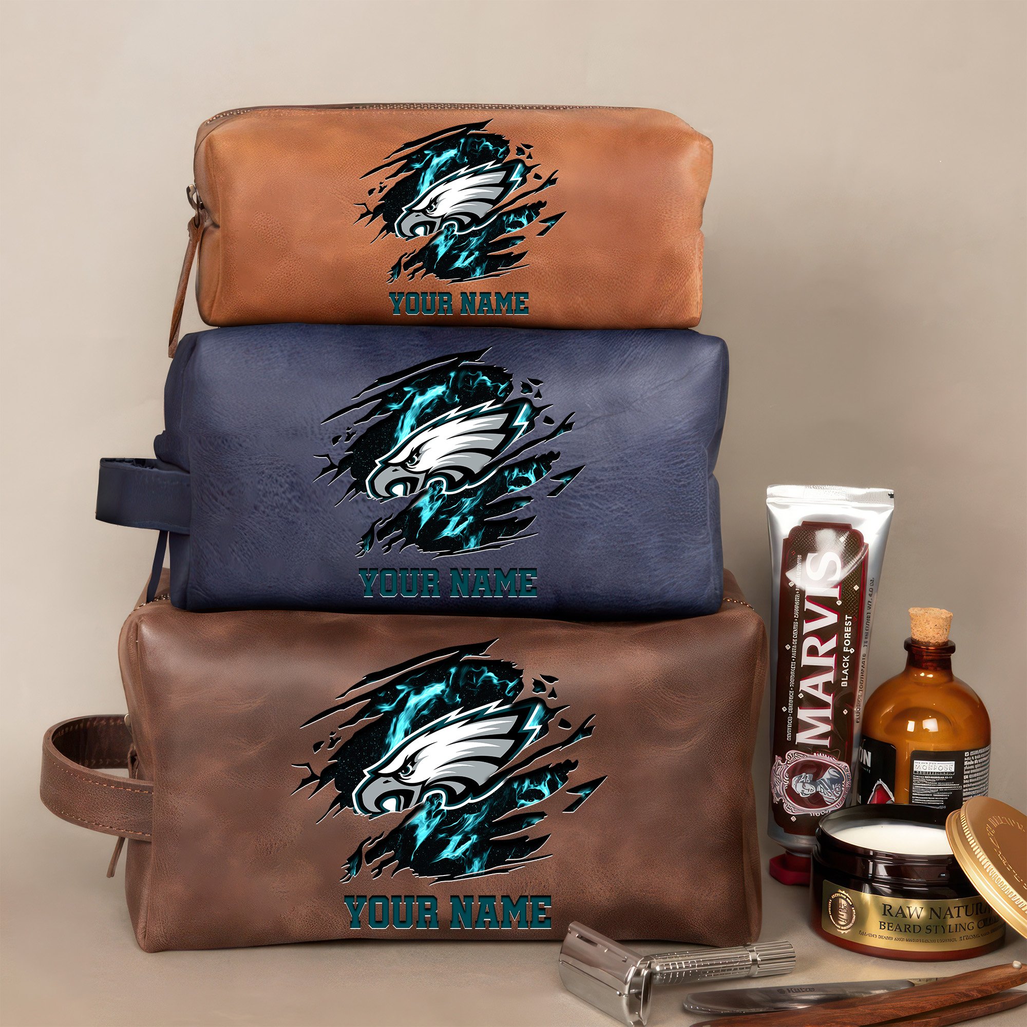 Philadelphia Eagles Leather Toiletry Bag For Men Custom Your Name 2024 Versions, 2D In Leather Dopp Kit Bag, Football Fan Gifts EHIVM-59103