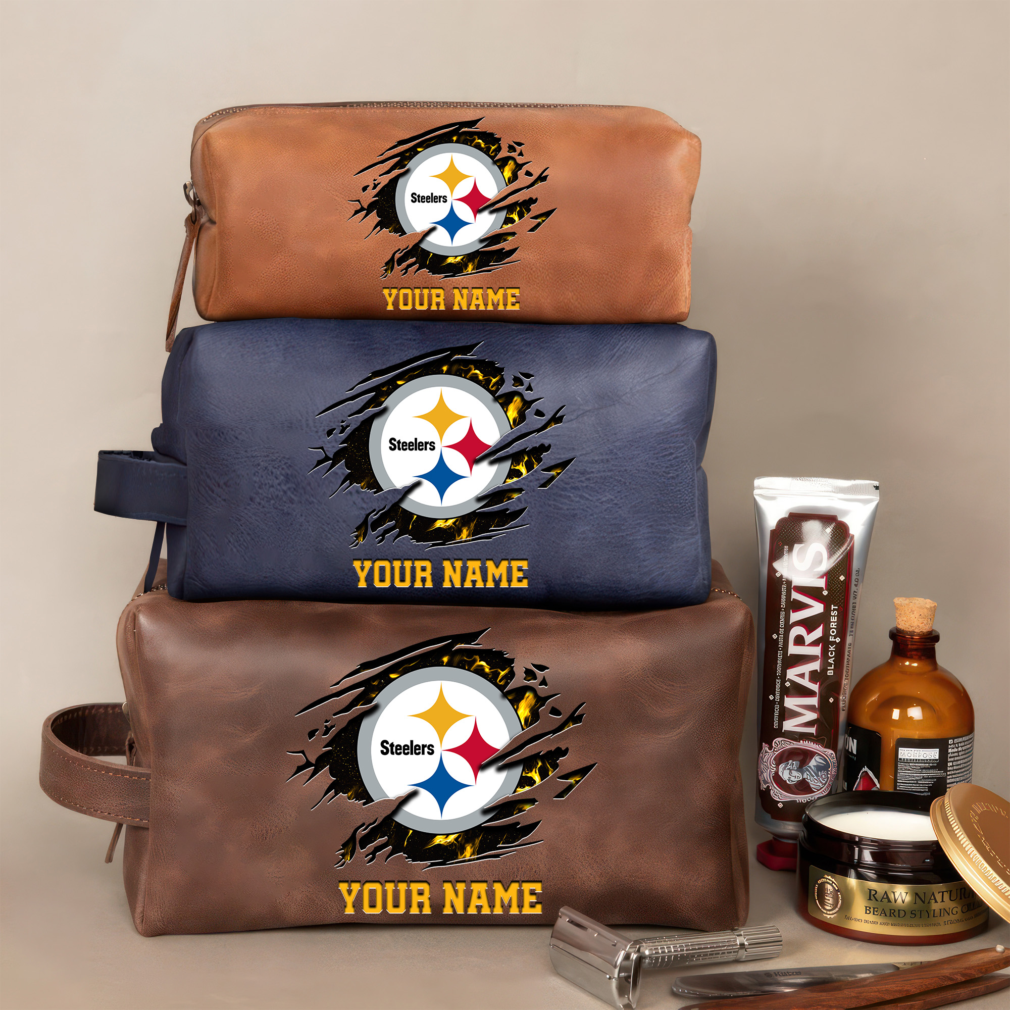 Pittsburgh Steelers Leather Toiletry Bag For Men Custom Your Name 2024 Versions, 2D In Leather Dopp Kit Bag, Football Fan Gifts EHIVM-59103