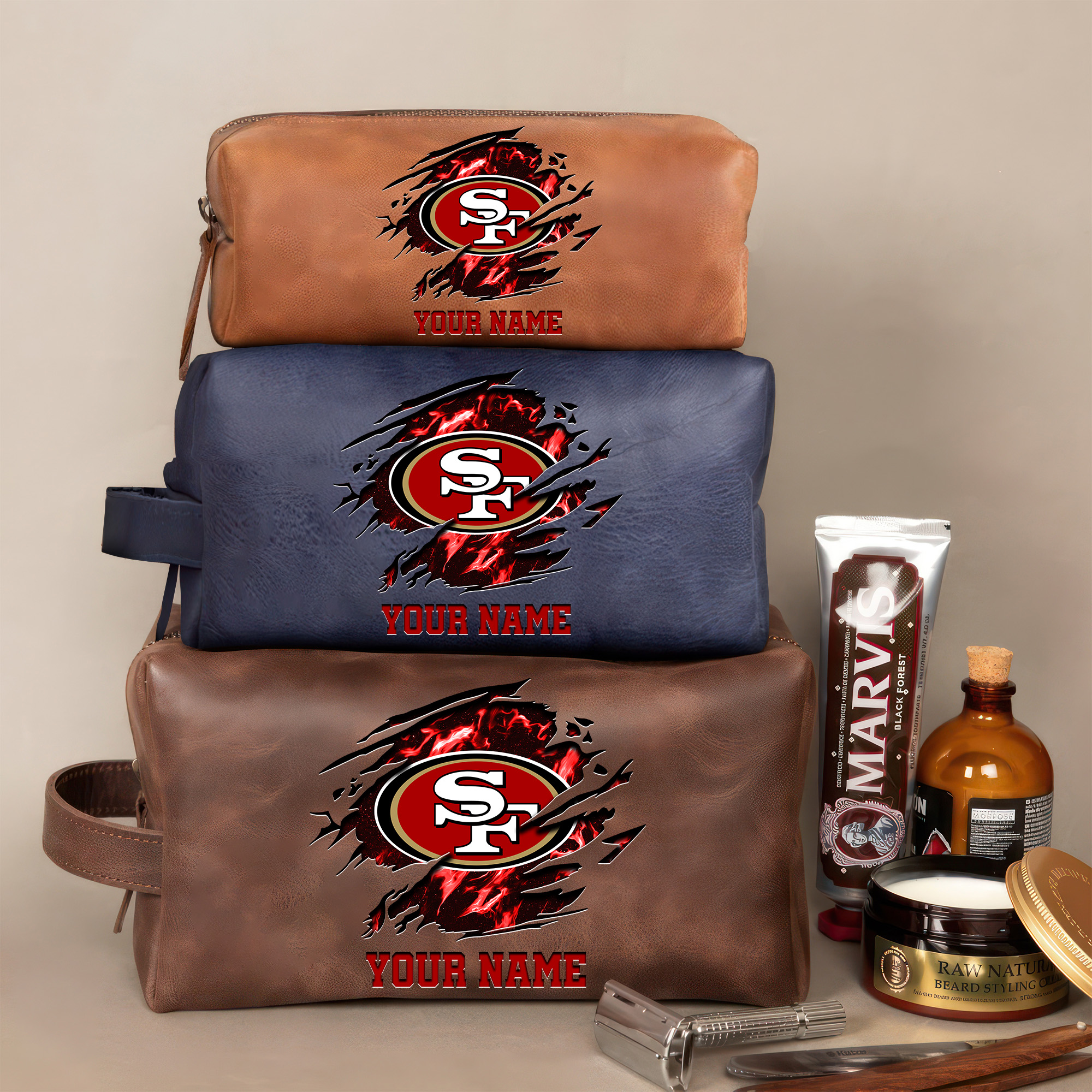 San Francisco 49ers Leather Toiletry Bag For Men Custom Your Name 2024 Versions, 2D In Leather Dopp Kit Bag, Football Fan Gifts EHIVM-59103