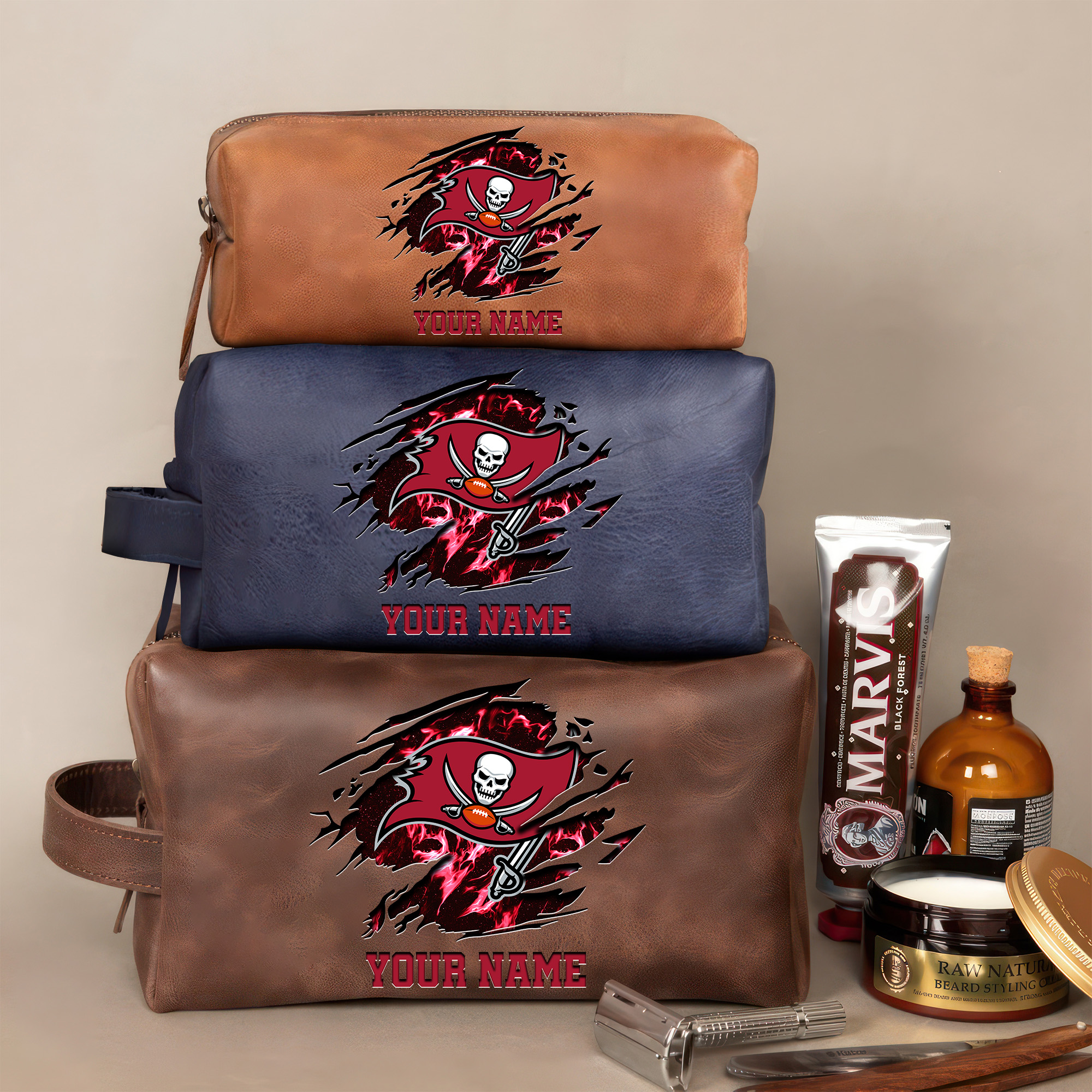 Tampa Bay Buccaneers Leather Toiletry Bag For Men Custom Your Name 2024 Versions, 2D In Leather Dopp Kit Bag, Football Fan Gifts EHIVM-59103