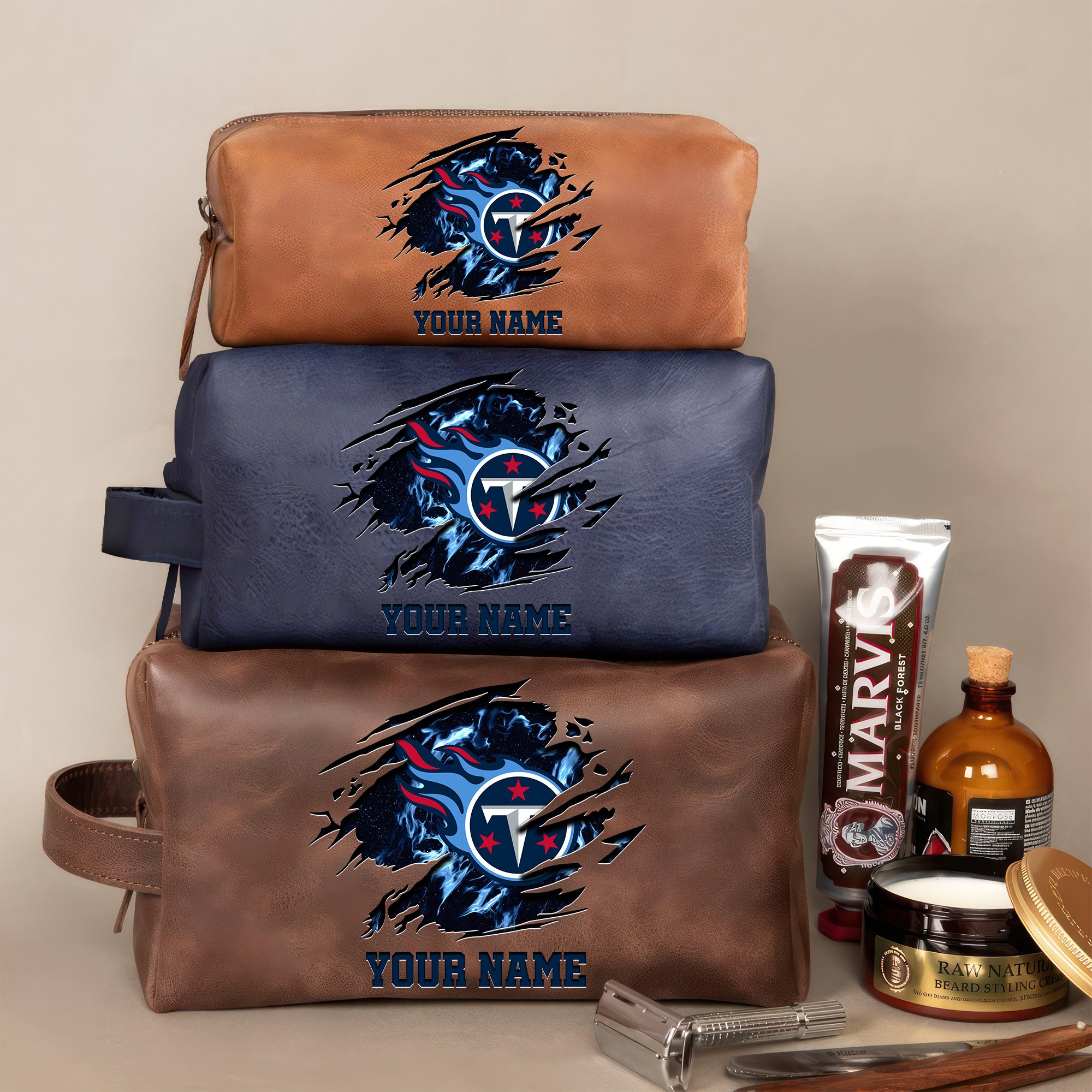 Tennessee Titans Leather Toiletry Bag For Men Custom Your Name 2024 Versions, 2D In Leather Dopp Kit Bag, Football Fan Gifts EHIVM-59103