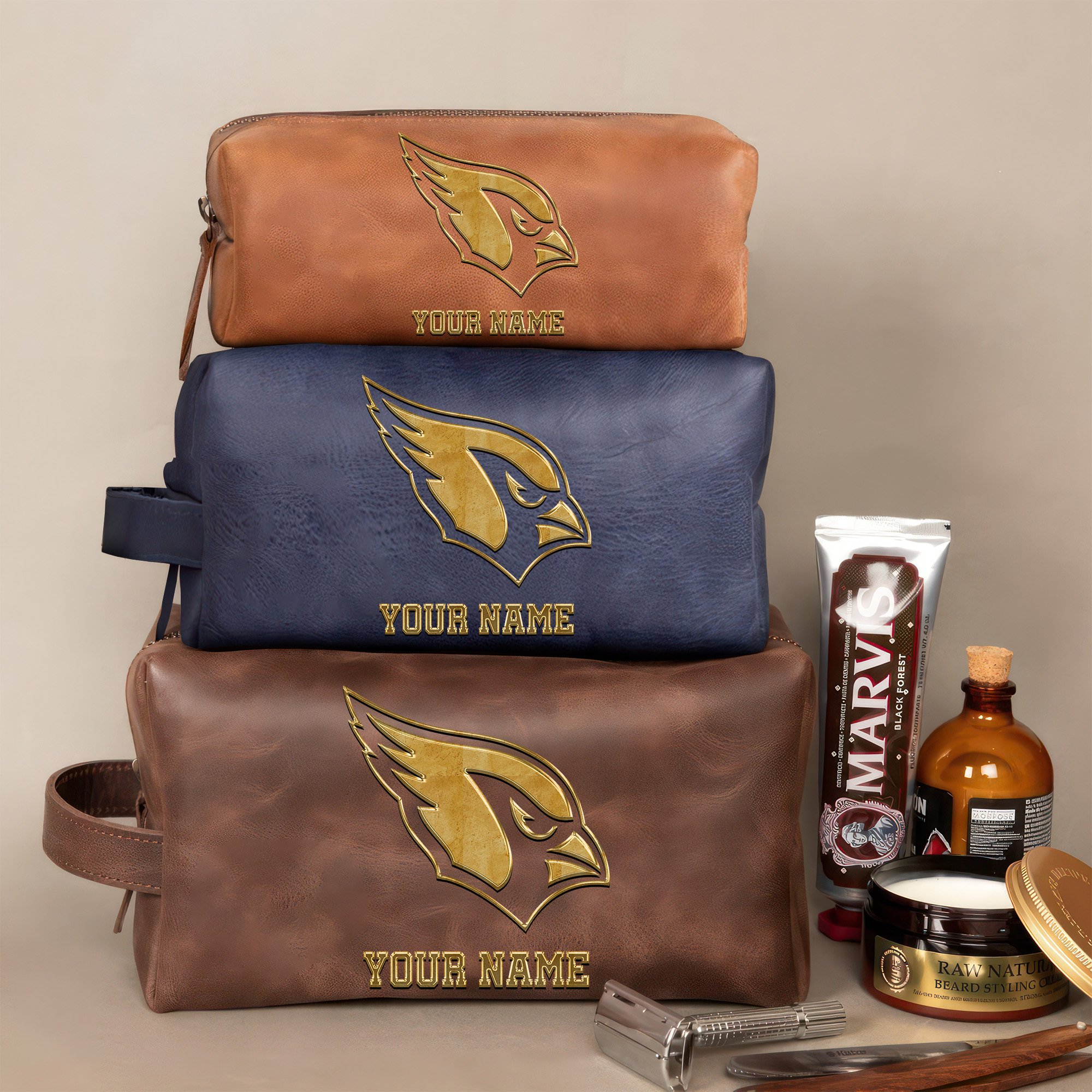 Arizona Cardinals Leather Toiletry Bag For Men Custom Your Name 2024 Version, 2D In Leather Dopp Kit Bag, Leather Dopp Kits, Football Fan GiftsEHIVM-59105