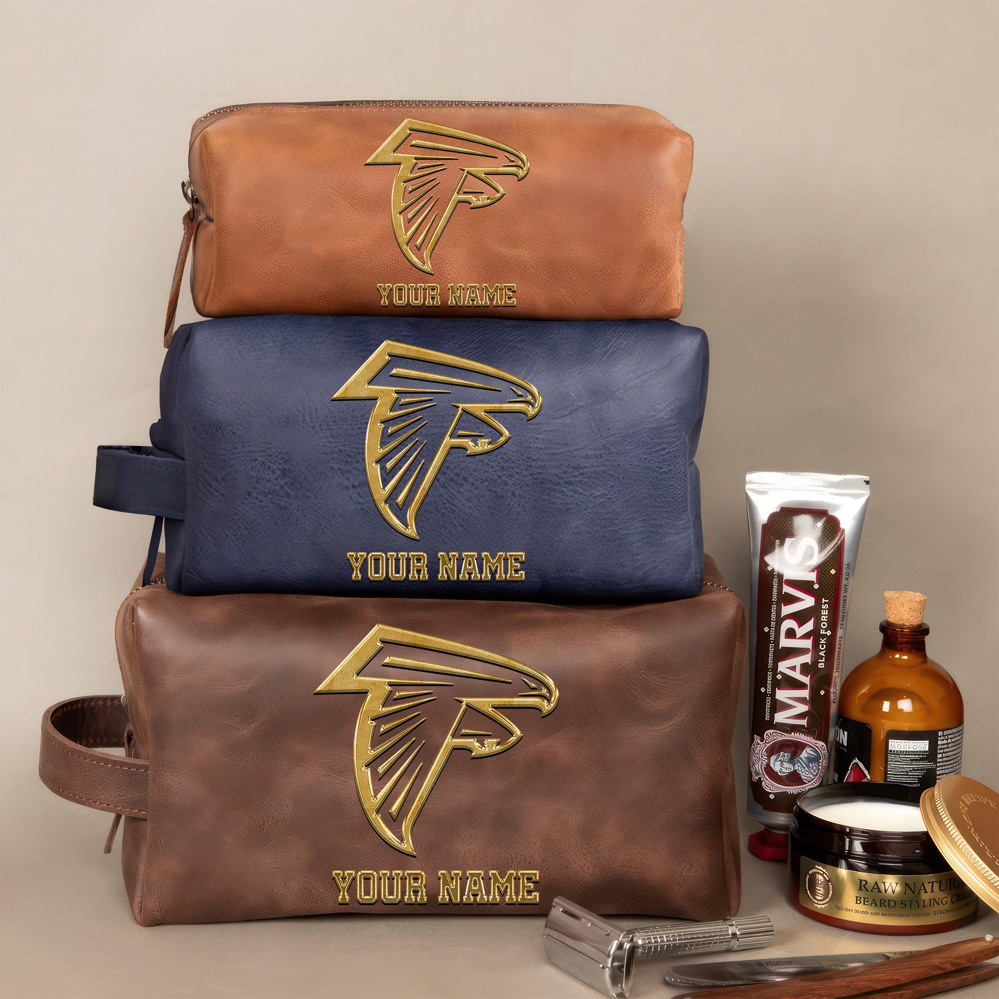 Atlanta Falcons Leather Toiletry Bag For Men Custom Your Name 2024 Version, 2D In Leather Dopp Kit Bag, Leather Dopp Kits, Football Fan GiftsEHIVM-59105