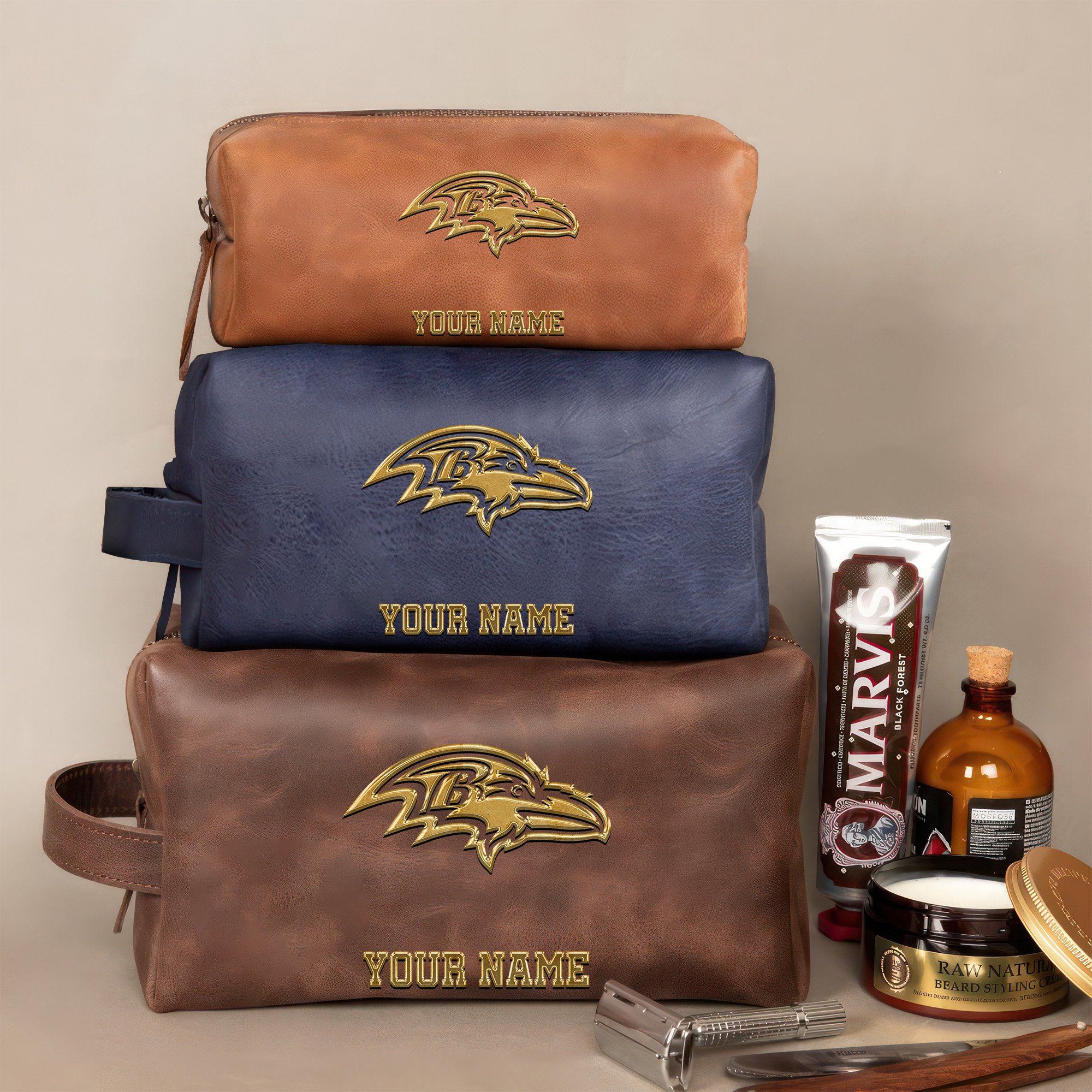 Baltimore Ravens Leather Toiletry Bag For Men Custom Your Name 2024 Version, 2D In Leather Dopp Kit Bag, Leather Dopp Kits, Football Fan GiftsEHIVM-59105