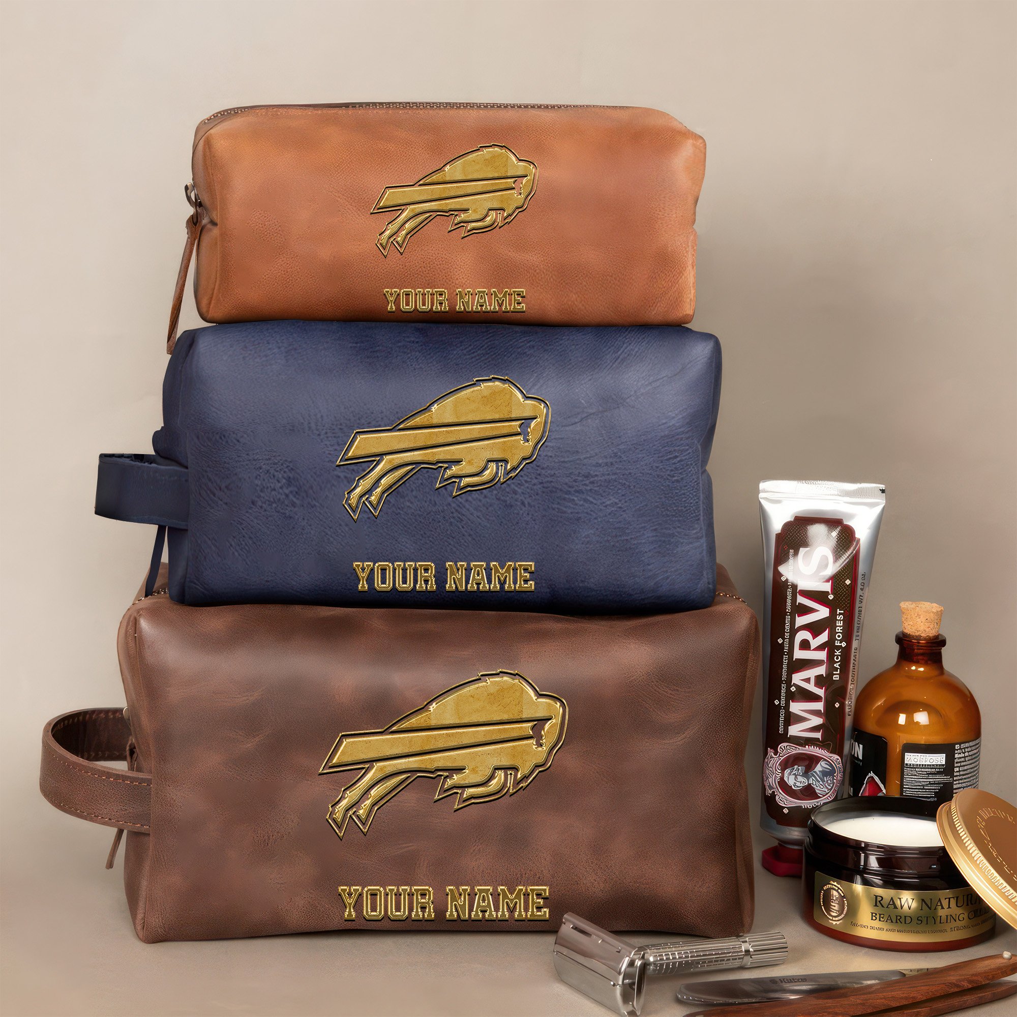 Buffalo Bills Leather Toiletry Bag For Men Custom Your Name 2024 Version, 2D In Leather Dopp Kit Bag, Leather Dopp Kits, Football Fan GiftsEHIVM-59105