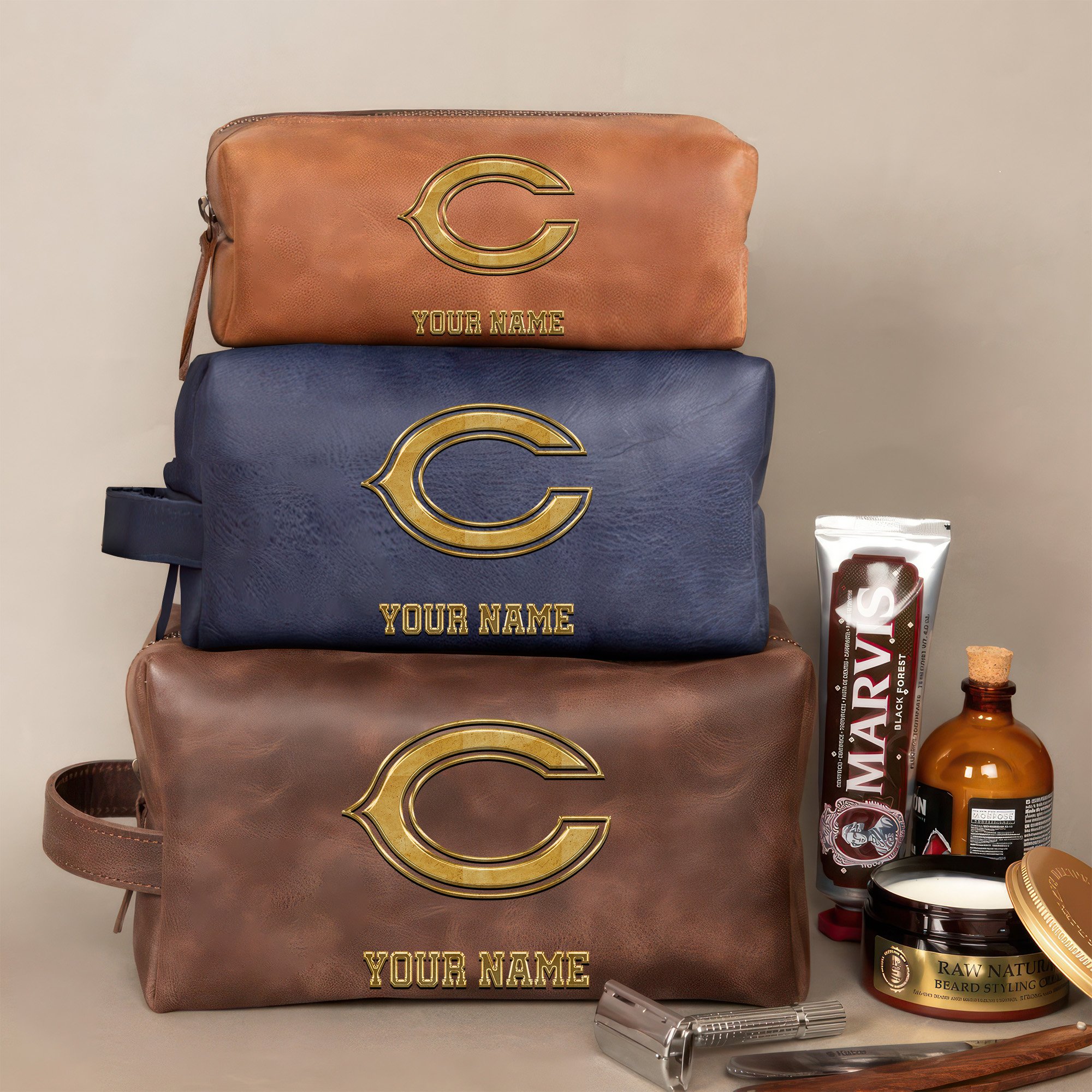 Chicago Bears Leather Toiletry Bag For Men Custom Your Name 2024 Version, 2D In Leather Dopp Kit Bag, Leather Dopp Kits, Football Fan GiftsEHIVM-59105