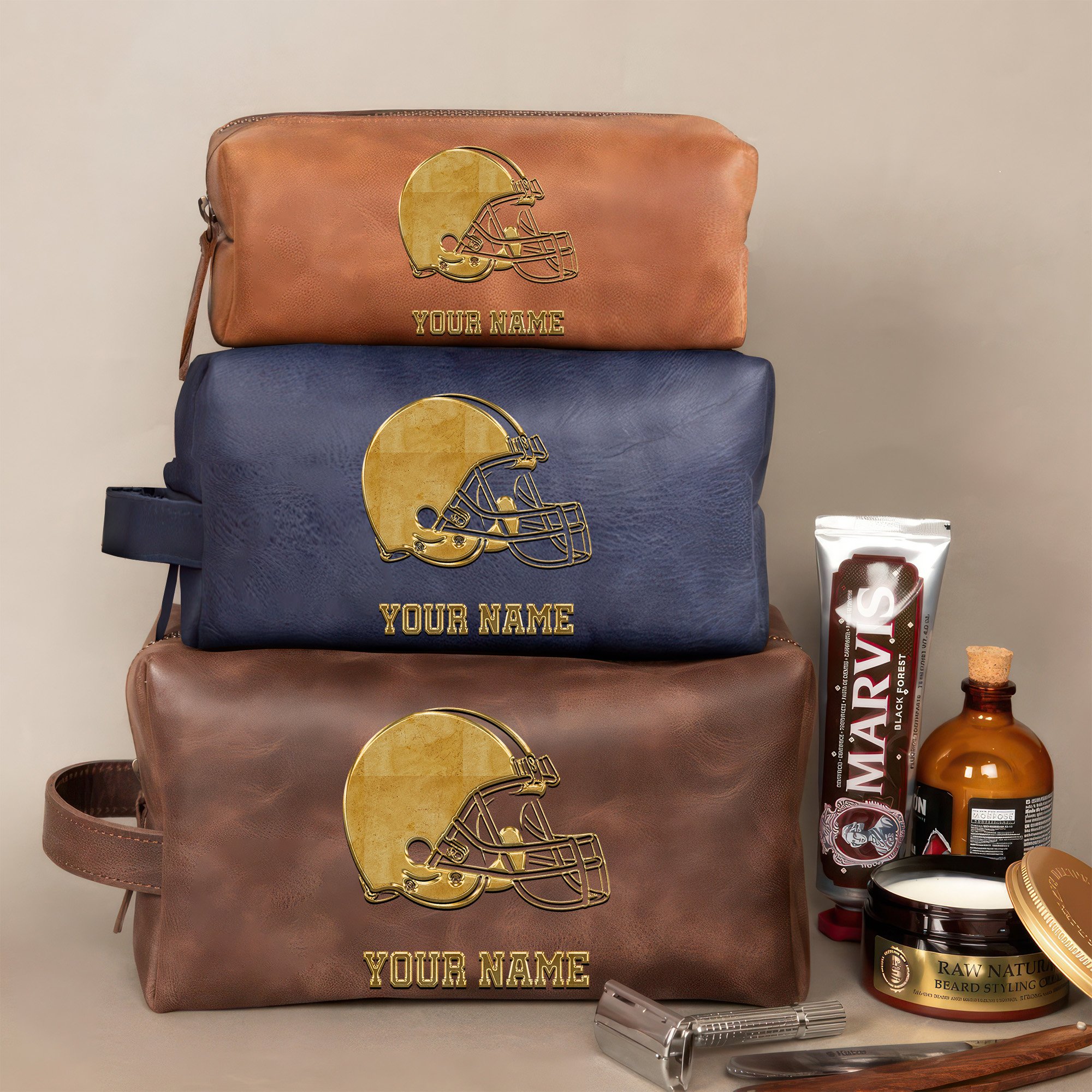 Cleveland Browns Leather Toiletry Bag For Men Custom Your Name 2024 Version, 2D In Leather Dopp Kit Bag, Leather Dopp Kits, Football Fan GiftsEHIVM-59105