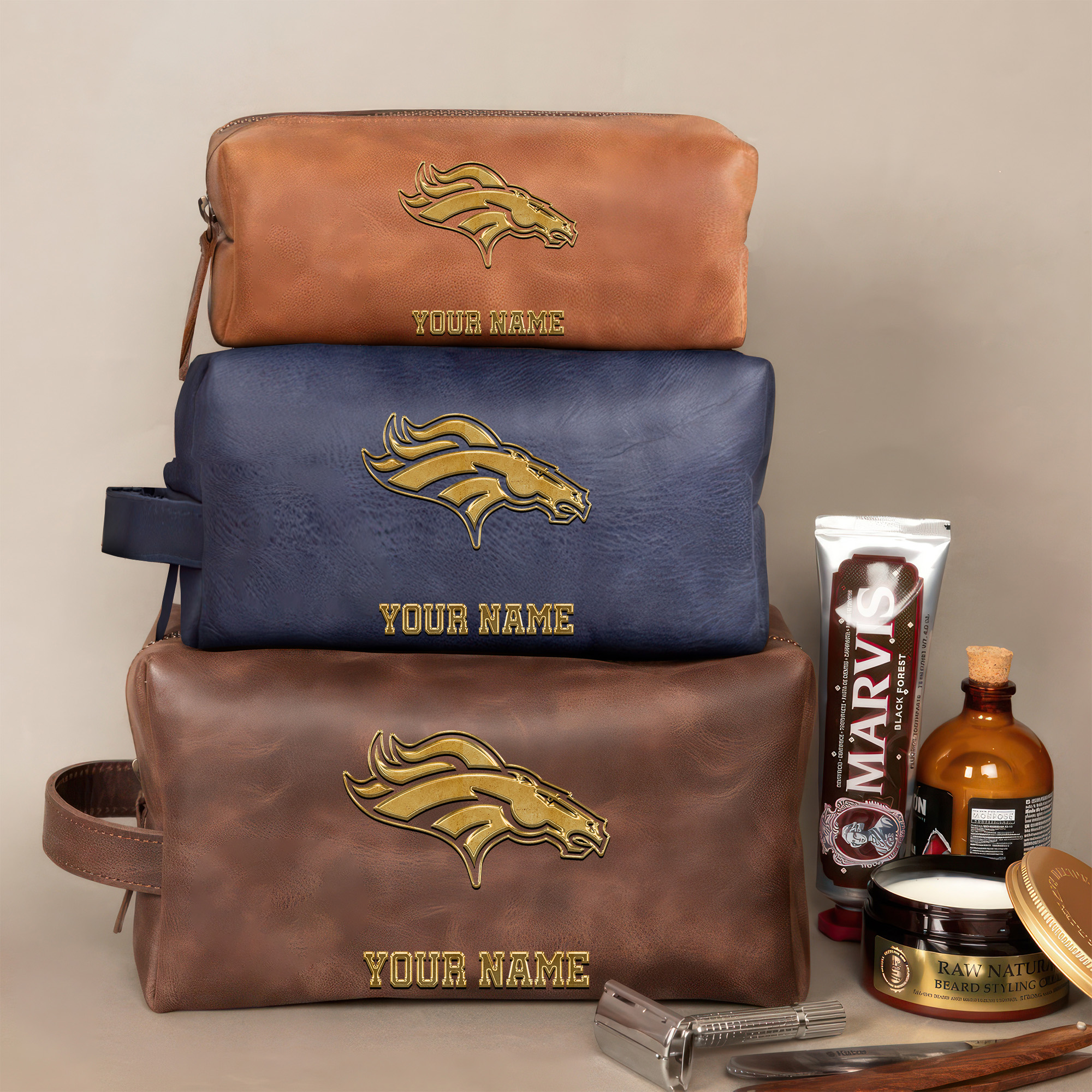 Denver Broncos Leather Toiletry Bag For Men Custom Your Name 2024 Version, 2D In Leather Dopp Kit Bag, Leather Dopp Kits, Football Fan GiftsEHIVM-59105