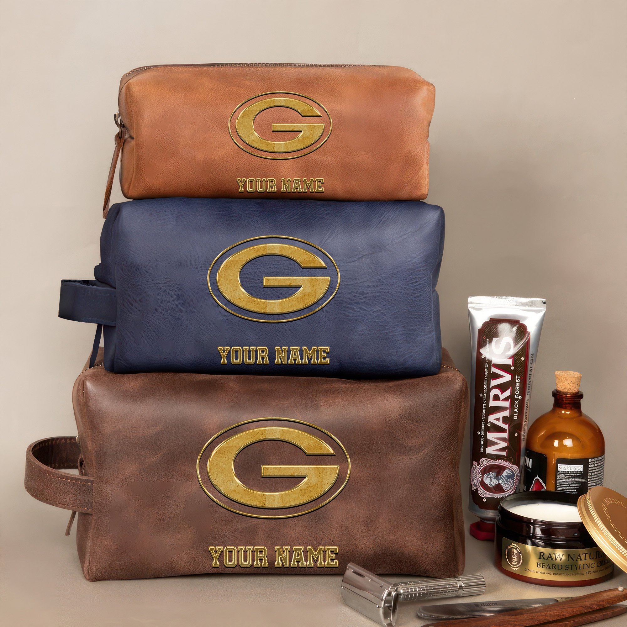 Green Bay Packers Leather Toiletry Bag For Men Custom Your Name 2024 Version, 2D In Leather Dopp Kit Bag, Leather Dopp Kits, Football Fan GiftsEHIVM-59105