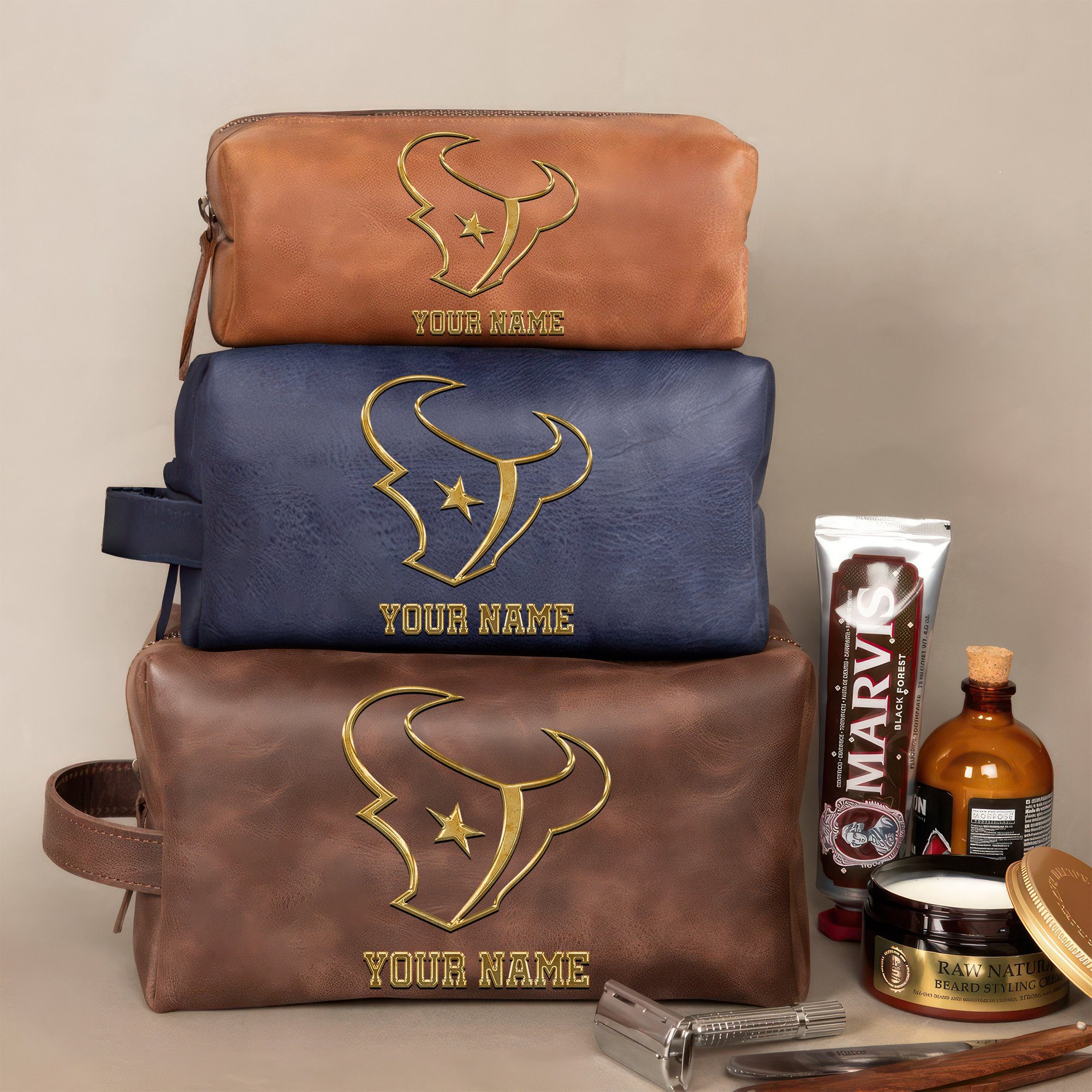 Houston Texans Leather Toiletry Bag For Men Custom Your Name 2024 Version, 2D In Leather Dopp Kit Bag, Leather Dopp Kits, Football Fan GiftsEHIVM-59105