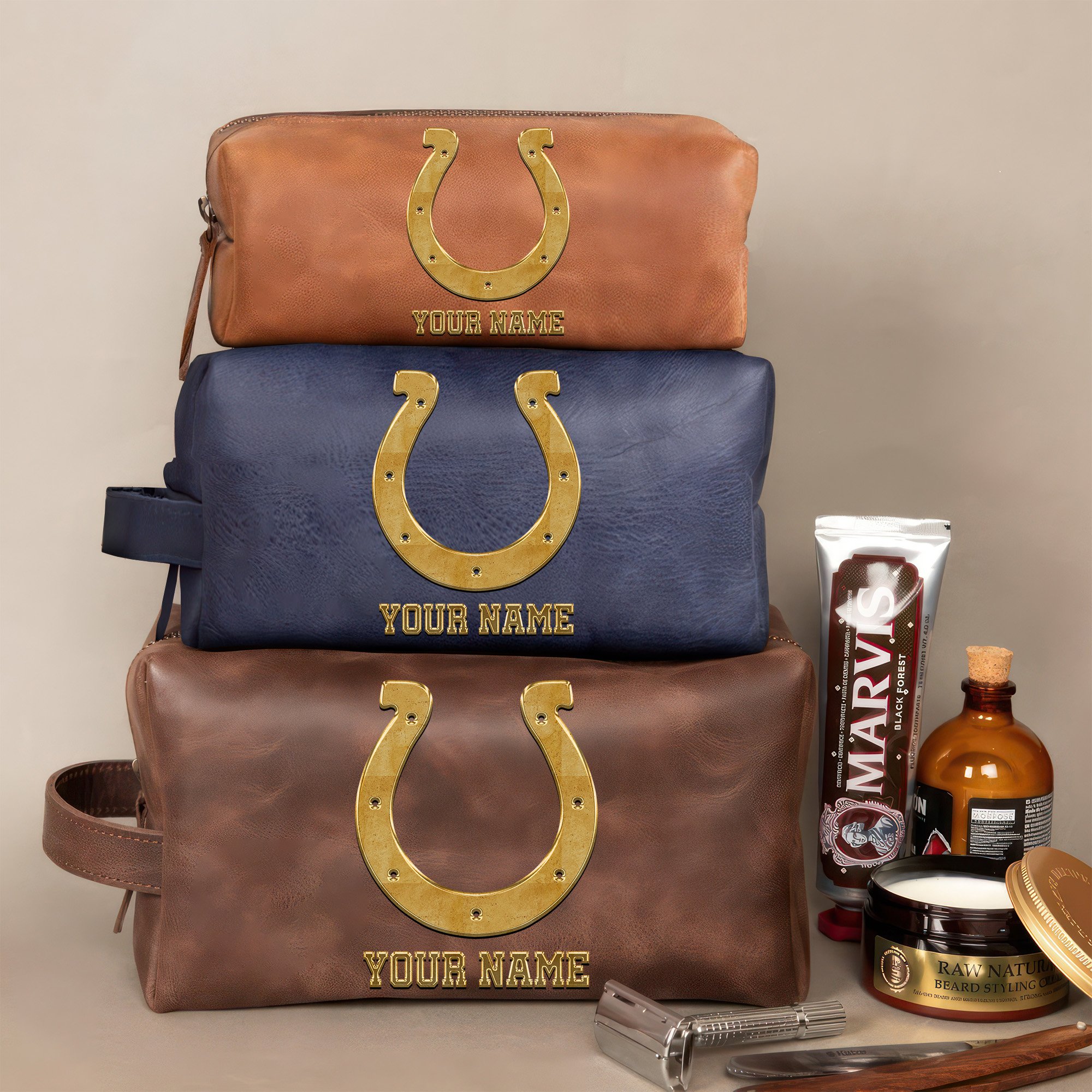 Indianapolis Colts Leather Toiletry Bag For Men Custom Your Name 2024 Version, 2D In Leather Dopp Kit Bag, Leather Dopp Kits, Football Fan GiftsEHIVM-59105