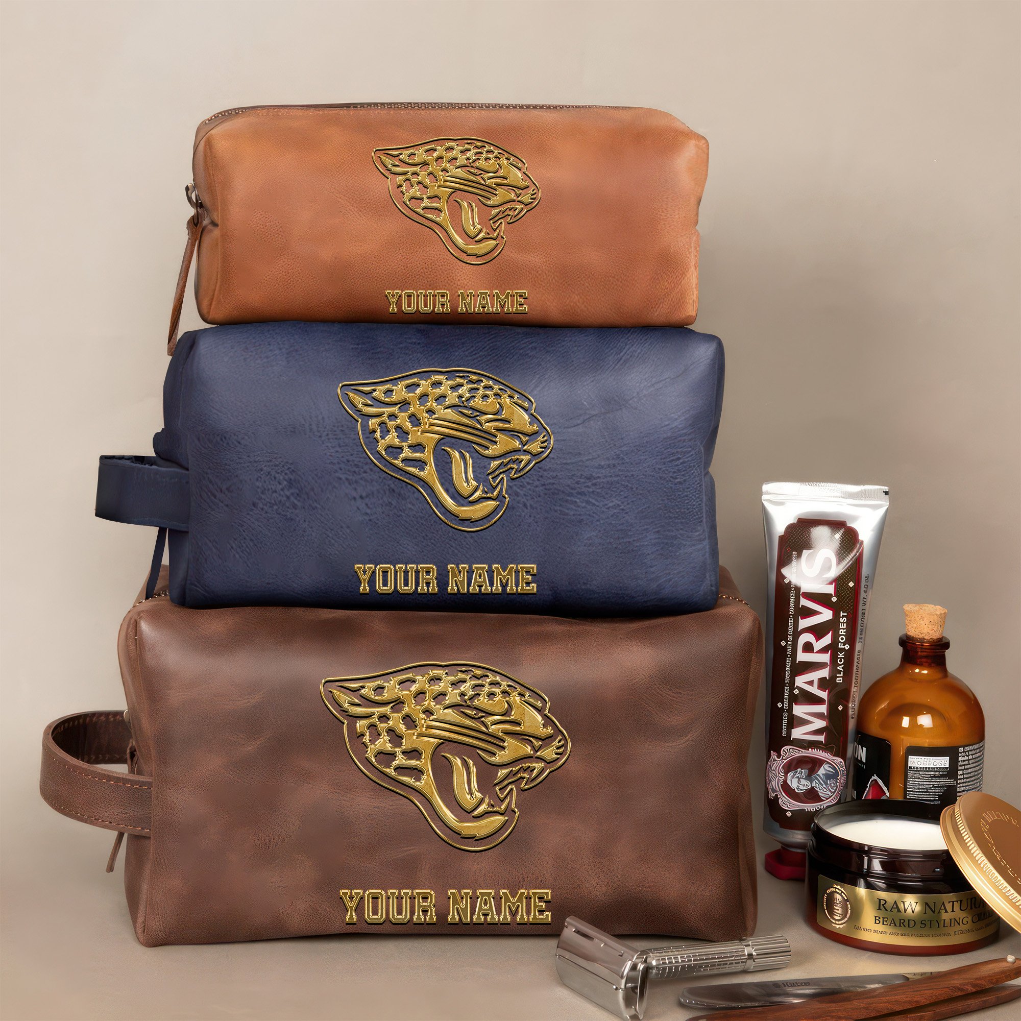 Jacksonville Jaguars Leather Toiletry Bag For Men Custom Your Name 2024 Version, 2D In Leather Dopp Kit Bag, Leather Dopp Kits, Football Fan GiftsEHIVM-59105