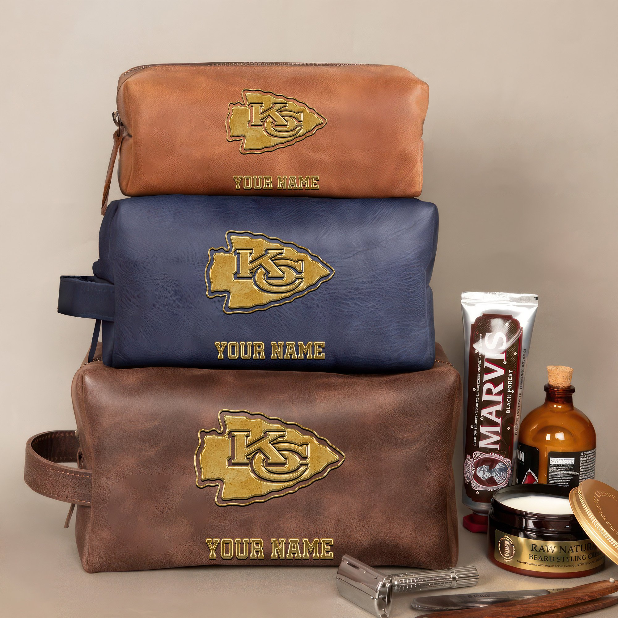 Kansas City Chiefs Leather Toiletry Bag For Men Custom Your Name 2024 Version, 2D In Leather Dopp Kit Bag, Leather Dopp Kits, Football Fan GiftsEHIVM-59105