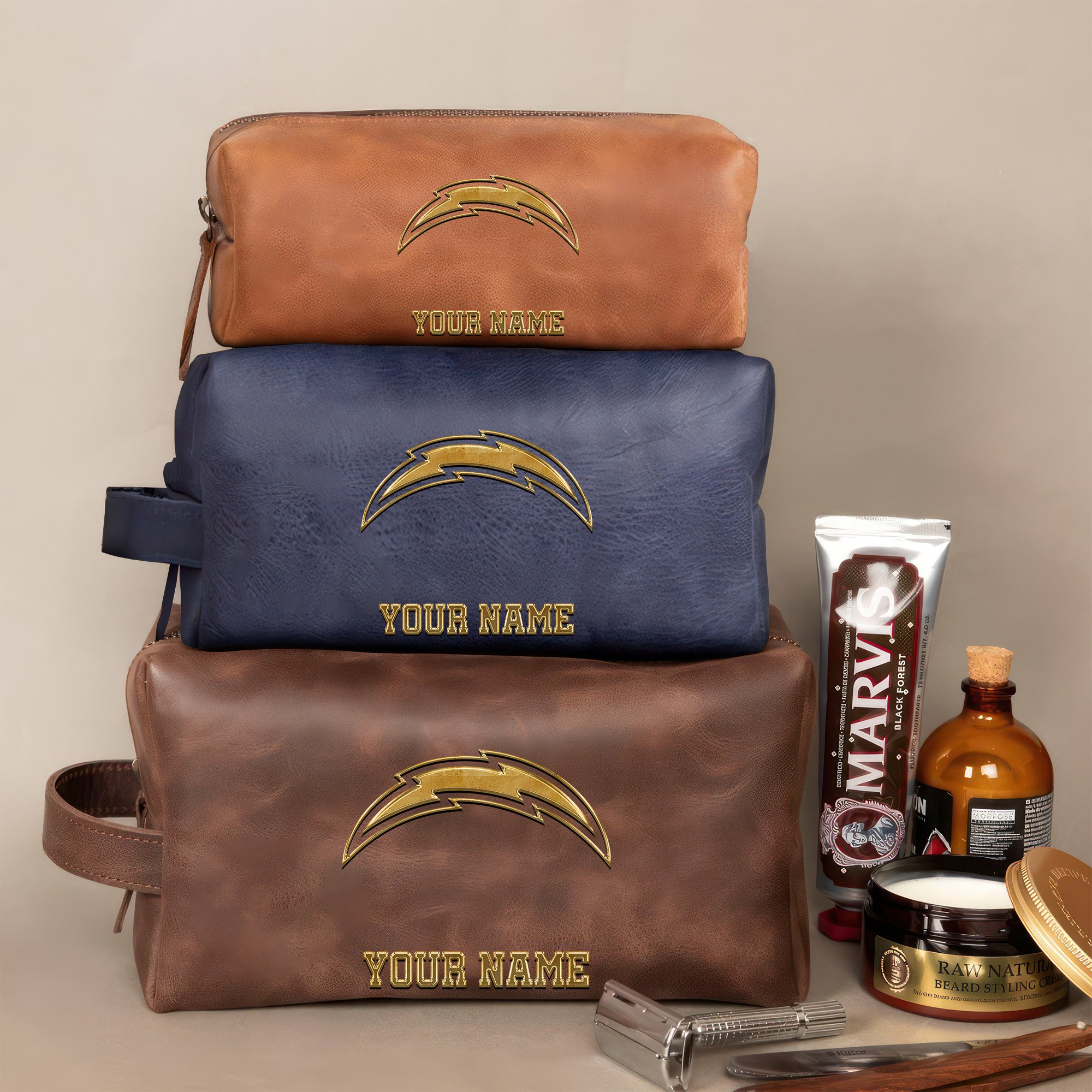 Los Angeles Chargers Leather Toiletry Bag For Men Custom Your Name 2024 Version, 2D In Leather Dopp Kit Bag, Leather Dopp Kits, Football Fan GiftsEHIVM-59105